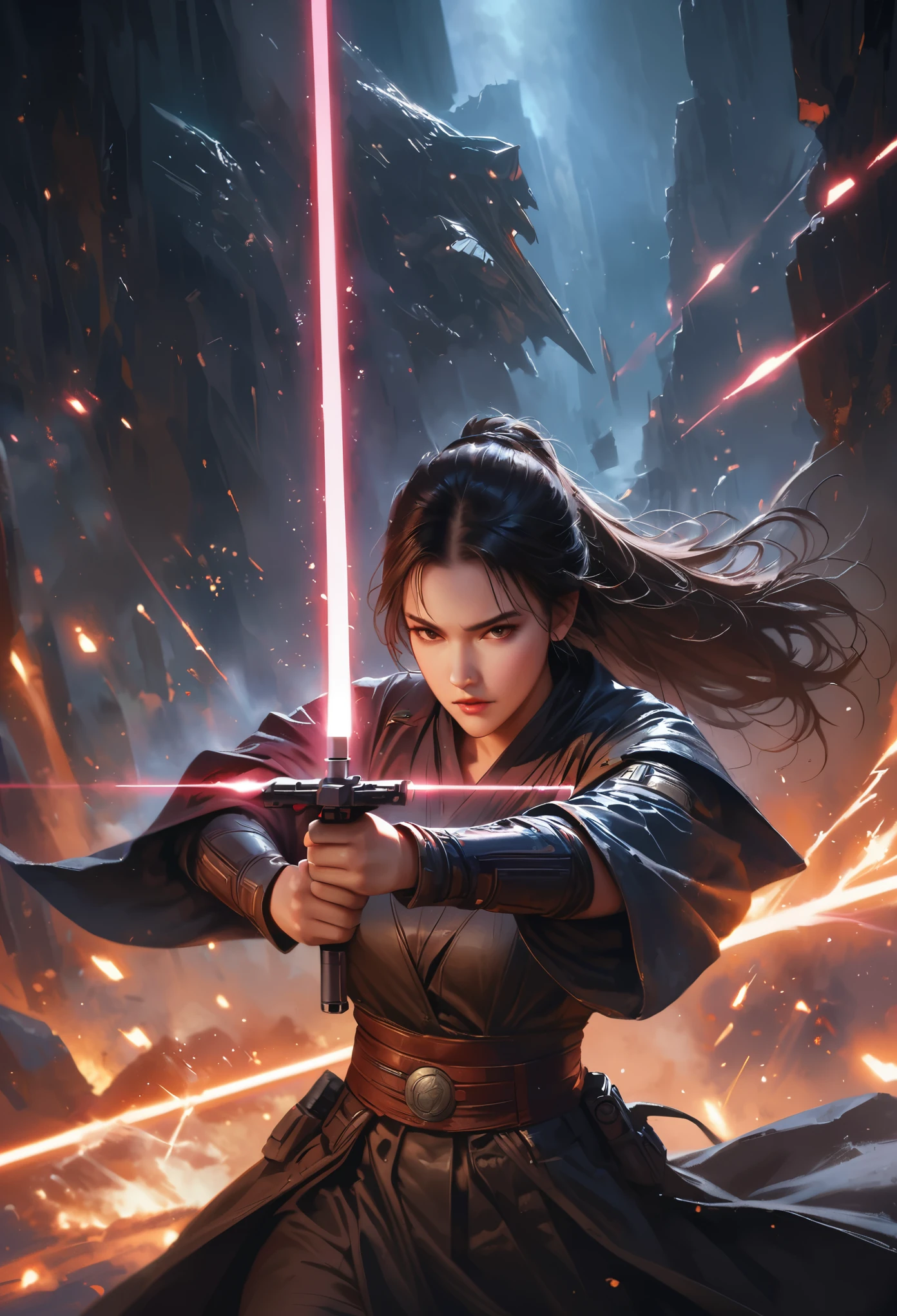 (best quality,4k,8k,highres,masterpiece:1.2),ultra-detailed,(realistic,photorealistic,photo-realistic:1.37),Lightsaber,Star Wars,(sci-fi,futuristic:1.1),(mysterious, mystical),(dark,night scene),powerful,glowing blade,crackling energy,precision weapon,duel,conflicting forces,fierce battle,laser sword,intergalactic weapon,lightsaber duel,force-sensitive warriors,blue and green blades,illuminating the darkness,iconic weapon,galactic conflict,heroic struggle,dark side and light side,The Force triumphs,cosmic backdrop,dimly lit surroundings,dynamic movement,clashing titans,action-packed,emotional intensity,lightsaber clashes,resilient blades,starry sky,inspiring hope,galactic empire,rebellion against evil,powerful Jedi,iconic hero,legendary battles,interstellar saga,foreboding presence,flying sparks,suspenseful duel,galaxy-spanning epic.