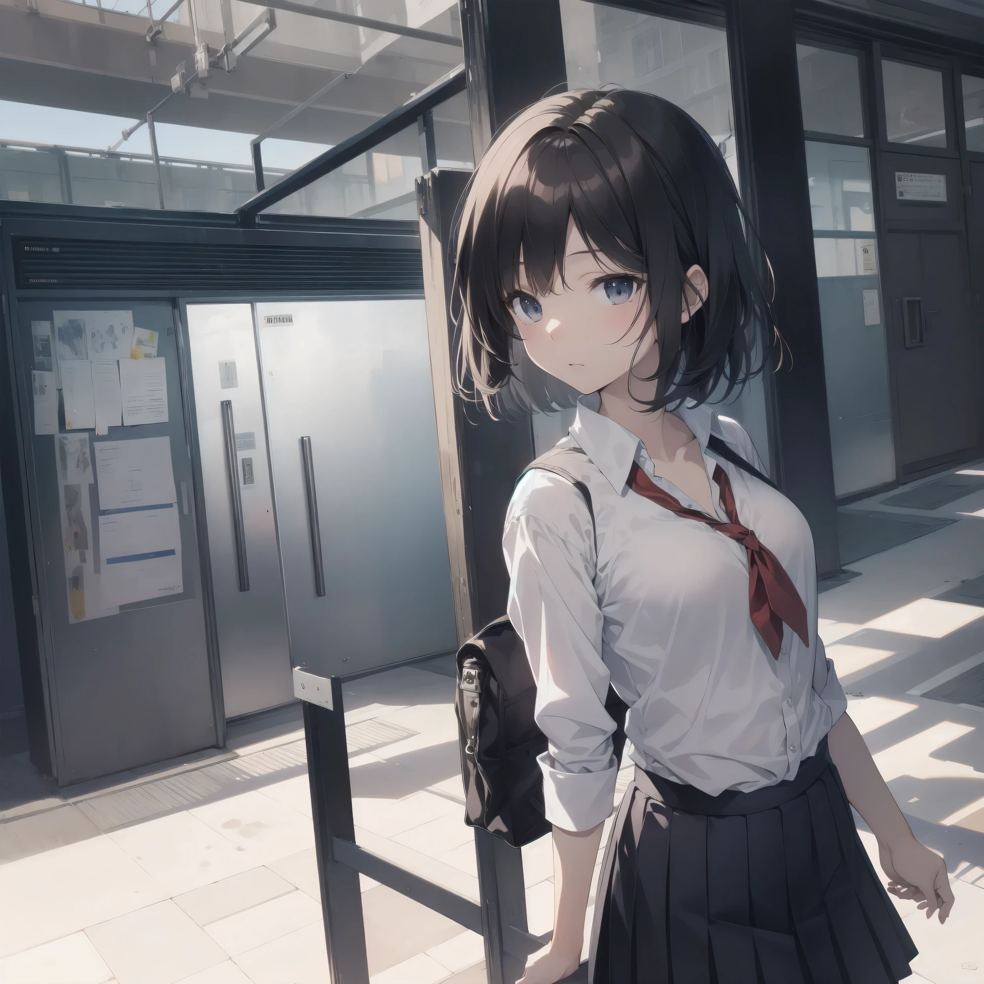 Super Absurd - Top Quality from the God of Art, Super detailed, High resolution, anime moe art style, cute girl portrait, best anime 8K konachan wallpaper, Pixiv contest winners, perfect anatomy,break, (眠そうにalone学校へ行く女の子を描いてください. )break,1 girl, (alone,little woman, 13 years old:1.3),All limbs, full finger,, The charm of an immature body, (very short hair), shortcut, flat chest, , small ass, between legs, small black eyes, detailed and beautiful eyes, Well-proportioned iris and pupils, expressive eyes, High resolutionの詳細な髪, yawn, neck ribbon, shirt, collared shirt, skirt, pleated skirt, , (detailed lighting), (detailed background), On the way to school. break,super dense skin, Best cinematic lighting powered by famous artist, 8K,Beauty Illustration,photoshop_(Moderate),Absurd Hi-Res,UHD,rough skin,break,((artist:kantoku)), artist:dark black,artist:shinkai makoto,artist:sekiya asami,artist:Fujiyama,
