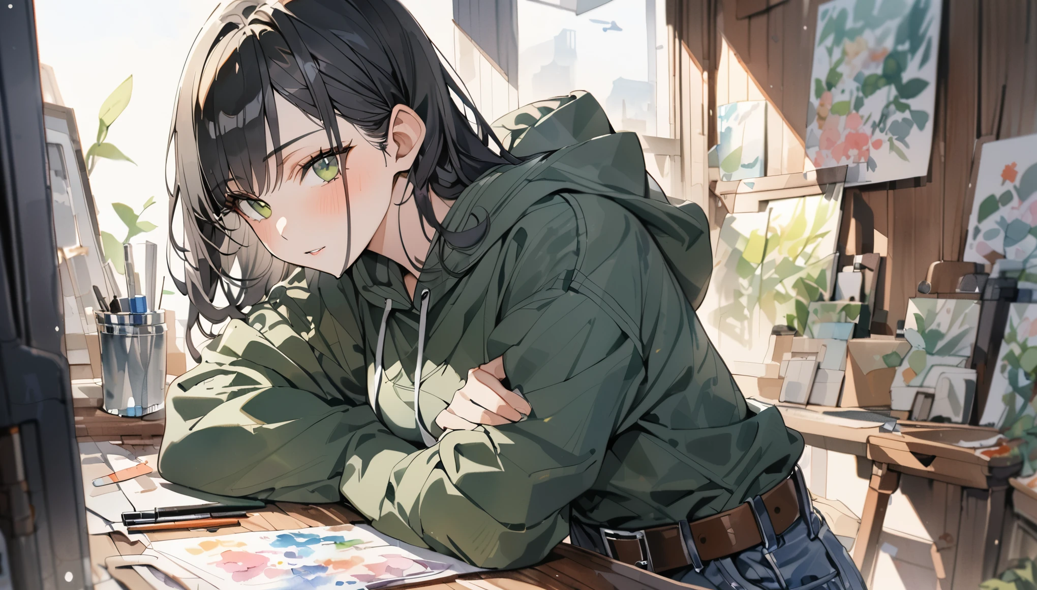 a pretty woman, middle hair, belt, black hair, hoodie, dark green eyes, watercolor, bright, ultra detailed, 8k, masterpiece
