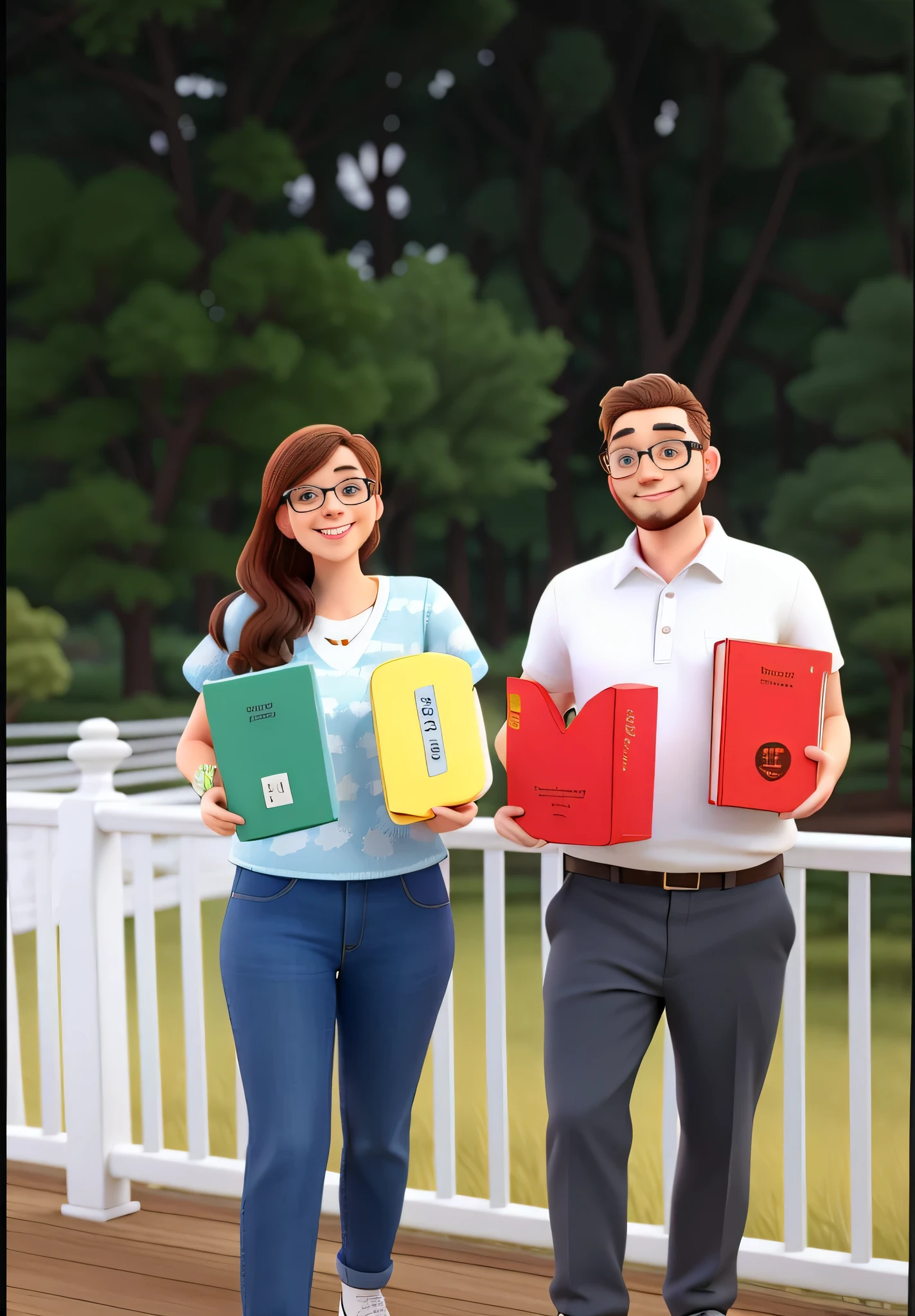 Um casal: Uma fina, mulher feliz, a happy white man with glasses and a short beard. in the background trees.