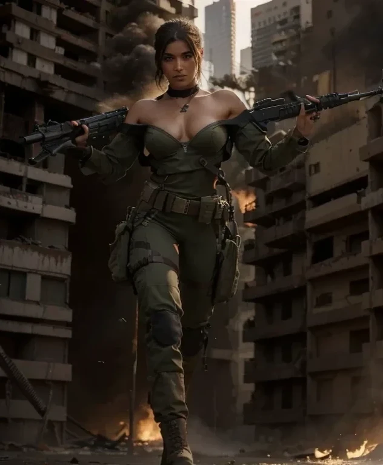 beautiful woman soldier, face of a beautiful Middle East woman, serious expression, very short black hair, snake eyes, military style hairstyle with shaved sides, tanned skin, muscular body, worked abs, light gray toptank with wide colored neckline, robotic hands, Soviet style brown military pants with purple detail, Harnesses and belts with ammunition, holsters, holds a Soviet assault rifle on her back, she is in a completely destroyed city, wounded soldiers, a lot of fire, a lot of smoke, night light, winter, ultra Realistic, ultra detailed, hyper Realistic, 4k, ultra detailed image, Realistic, highly detailed, perfect composition, beautiful, Intricately detailed, incredibly detailed, 8 k artistic photography, hyper detailed, ultra Realistic masterpiece, ultra detailed, hyper Realistic , 4k, ultra detailed image, Realistic, highly detailed, perfect composition, beautiful, Intricately detailed, incredibly detailed, 8 k artistic photography, hyper detailed, masterpiece