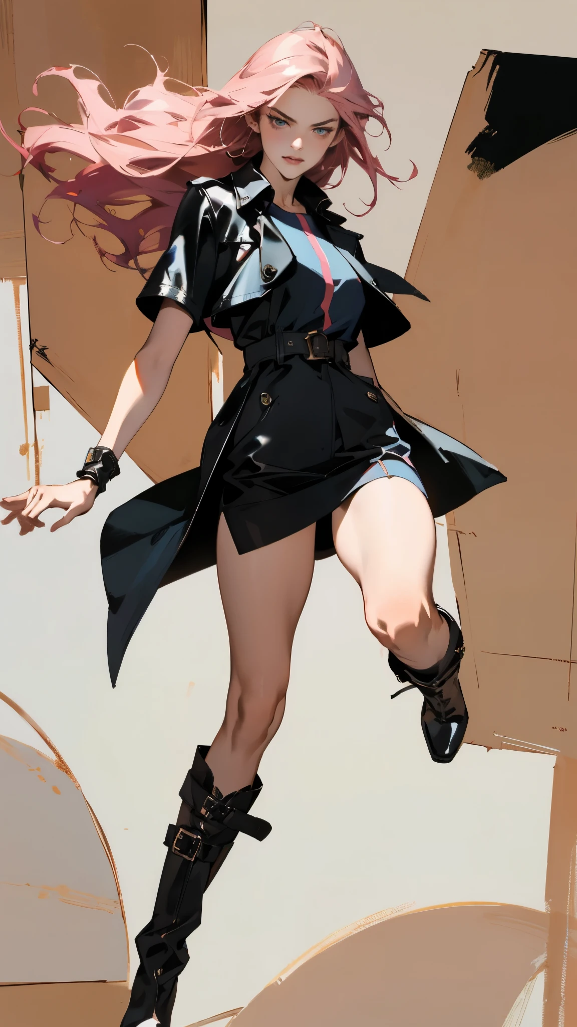 (A beautiful young girl with long curly pink hair, slender eyebrows, sparkling eyes, a bewildered expression, an oval-shapedl face with pale skin, a knee-length form-fitting leather trench coat with very short sleeves, she adorns both hands with metallic wrist guards in a sci-fi ancient civilization style, her long legs are clad in leather boots as she soars through the misty clouds), this character embodies a finely crafted fantasy-realism style western ranger in anime style, exquisite and mature manga art style, porcelain skin, perfect skin, perfect eyes, high definition, best quality, highres, ultra-detailed, ultra-fine painting, extremely delicate, professional, anatomically correct, symmetrical face, extremely detailed eyes and face, high quality eyes, creativity, RAW photo, UHD, 32k, Natural light, cinematic lighting, masterpiece-anatomy-perfect, masterpiece:1.5