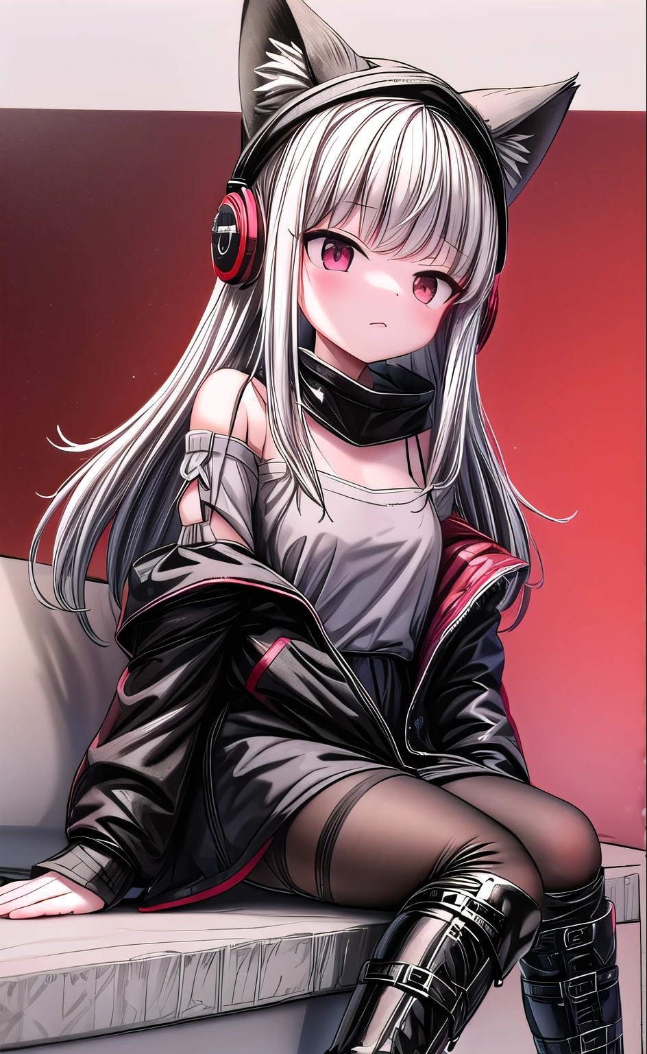 origin, 1 girl, alone, pantyhose, boots, Tail, long hair, Black footwear, looking at the audience, sitting, Off the shoulders, red jacket, Knee pads, fox Tail, from the side, off-shoulder Gray shirt, bare shoulders, Gray shirt, fox girl, black pantyhose