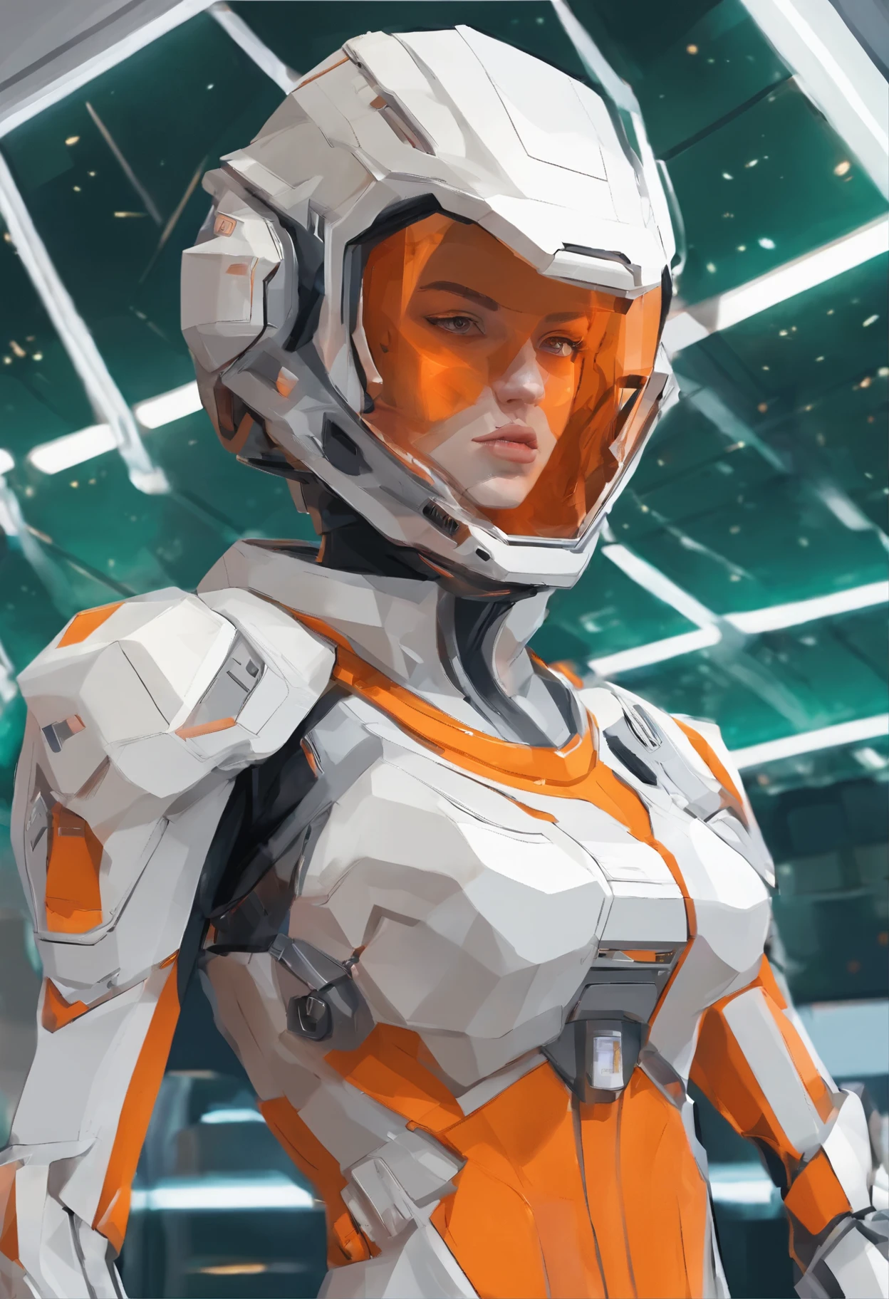 1girl,solo,Sala,original,full face helmet,face visible through helmet ,green eyes,white body suit,orange heavy armor,cowboy shot,in space station,Science fiction,ultra-detailed,sharp focus,aesthetic,(best quality)