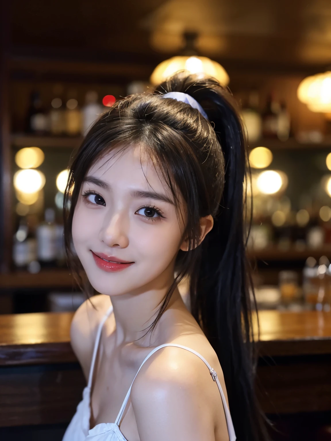 Smiling woman, in a bar, cum hair, hair, Masterpiece, 8k, raw photo, ultra realistic, highly detailed, UHD, Extreme close-up of cute Korean female, Chest size 32 inches, ponytail, slightly smile, wearing sexy short dress, in the bar, night, blurred background,