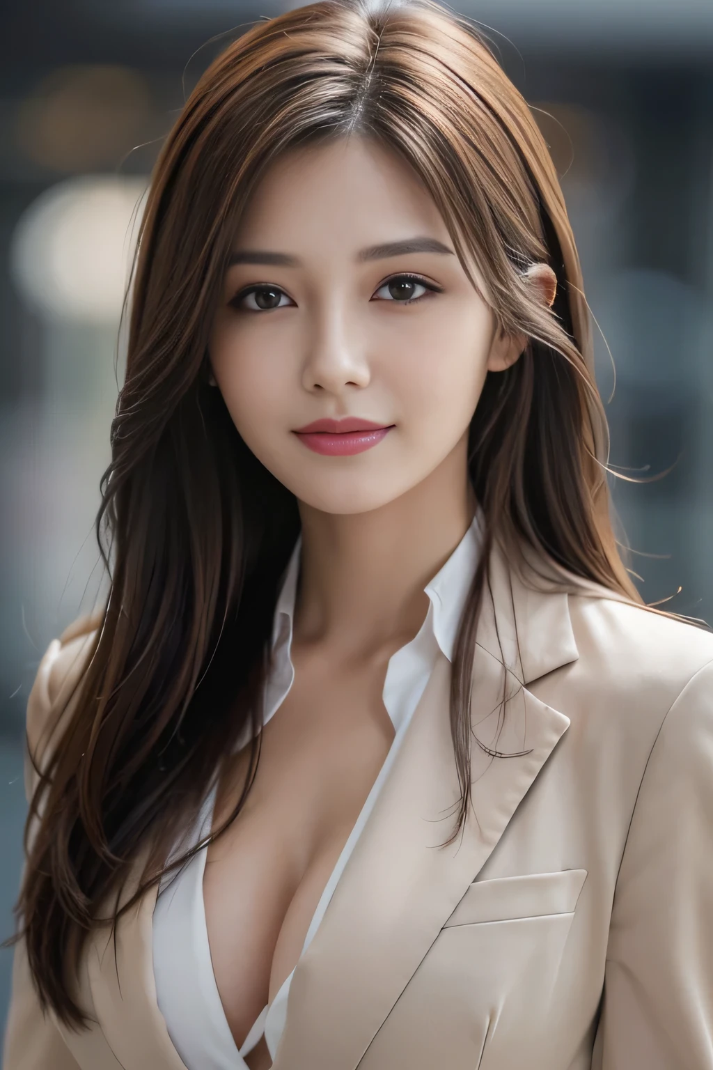 table top, highest quality, realistic, Super detailed, finely, High resolution, 8k wallpaper, 1 beautiful woman,, light brown messy hair, wearing a business suit, sharp focus, perfect dynamic composition, finelyて美しい目, thin hair, Detailed and realistic skin texture, smile, close-up portrait, model body shape