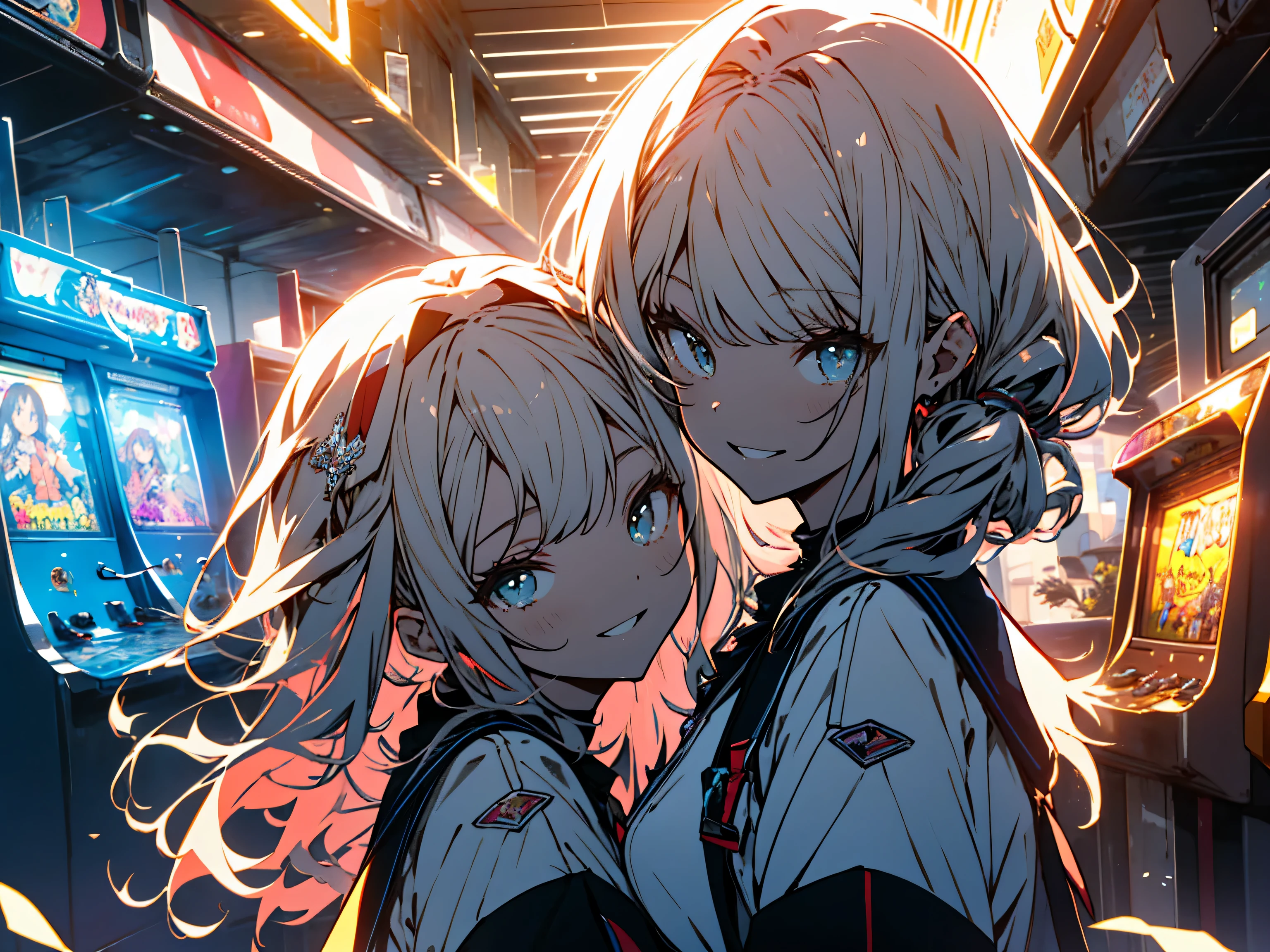 (highest quality, masterpiece, High resolution, be familiar with), (shining eyes, be familiar with beautiful face), 8K, (Two cute high school girls), (Play with UFO Catcher), (friends enjoying together), (In the arcade), (Beautiful animations), bright atmosphere, Looks happy