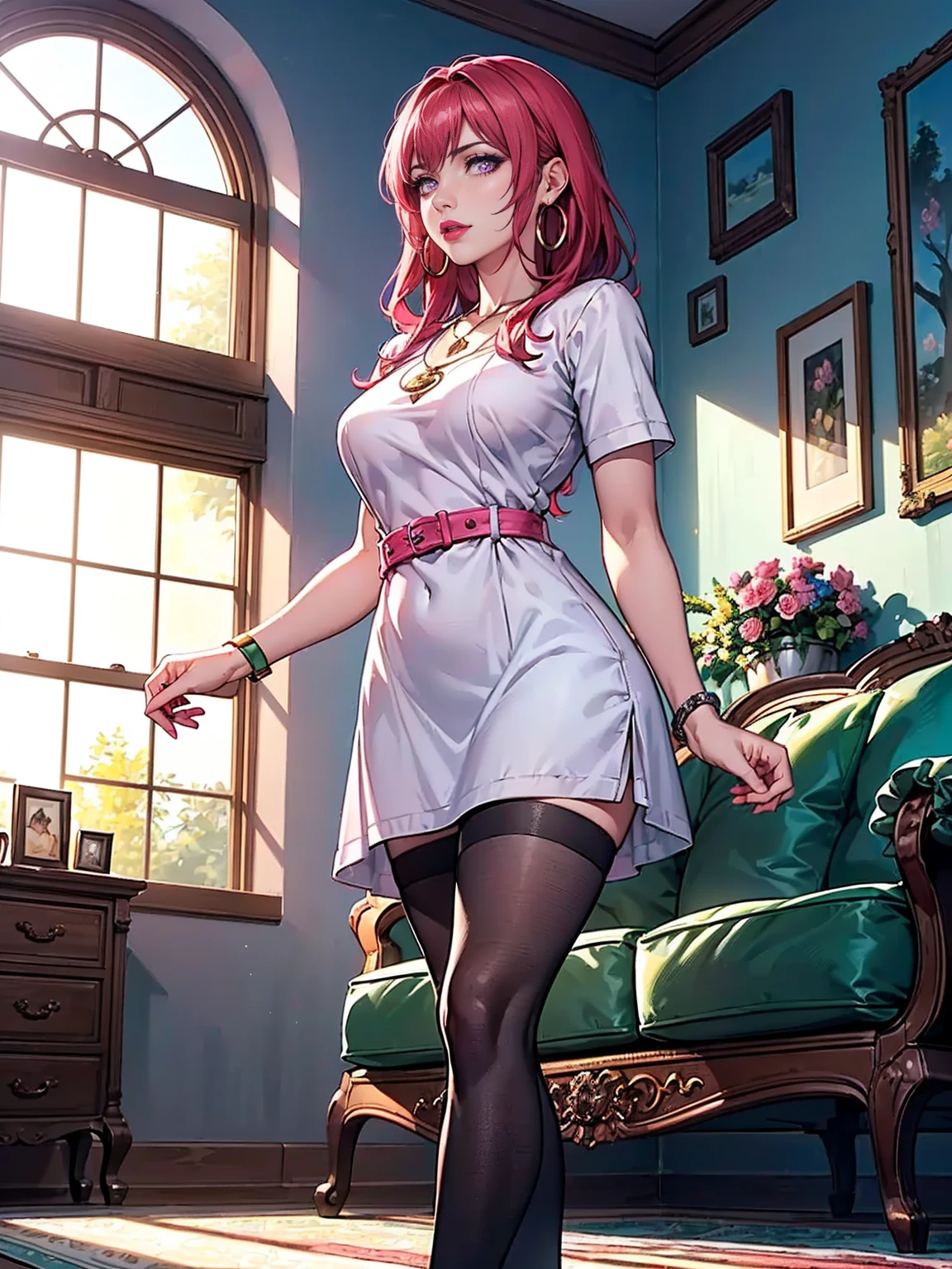 ((solo, 1woman, TakashiroHiroko, dark purple eyes, red hair, pink lipstick, Extremely detailed, ambient soft lighting, 4k, perfect eyes, a perfect face, perfect lighting, a 1girl)), ((solo, (1woman, pink lipstick), Extremely detailed, ambient soft lighting, 4k, perfect eyes, a perfect face, perfect lighting, a 1girl)), ((1woman, solo, alone, woman, pink lipstick, wrist watch, wedding ring, hoop earrings, pendant necklace, ((white dress, ((sheath derss)), short dress), light green belt, black tights),(arrogant), majestic posture, majestic weight), ((solo, (1woman, pink lipstick, seen from the front), Extremely detailed, ambient soft lighting, 4k, perfect eyes, a perfect face, perfect lighting, a 1girl)), ((couch, living room, decorated room, large window, flower garden, tree-lined garden))