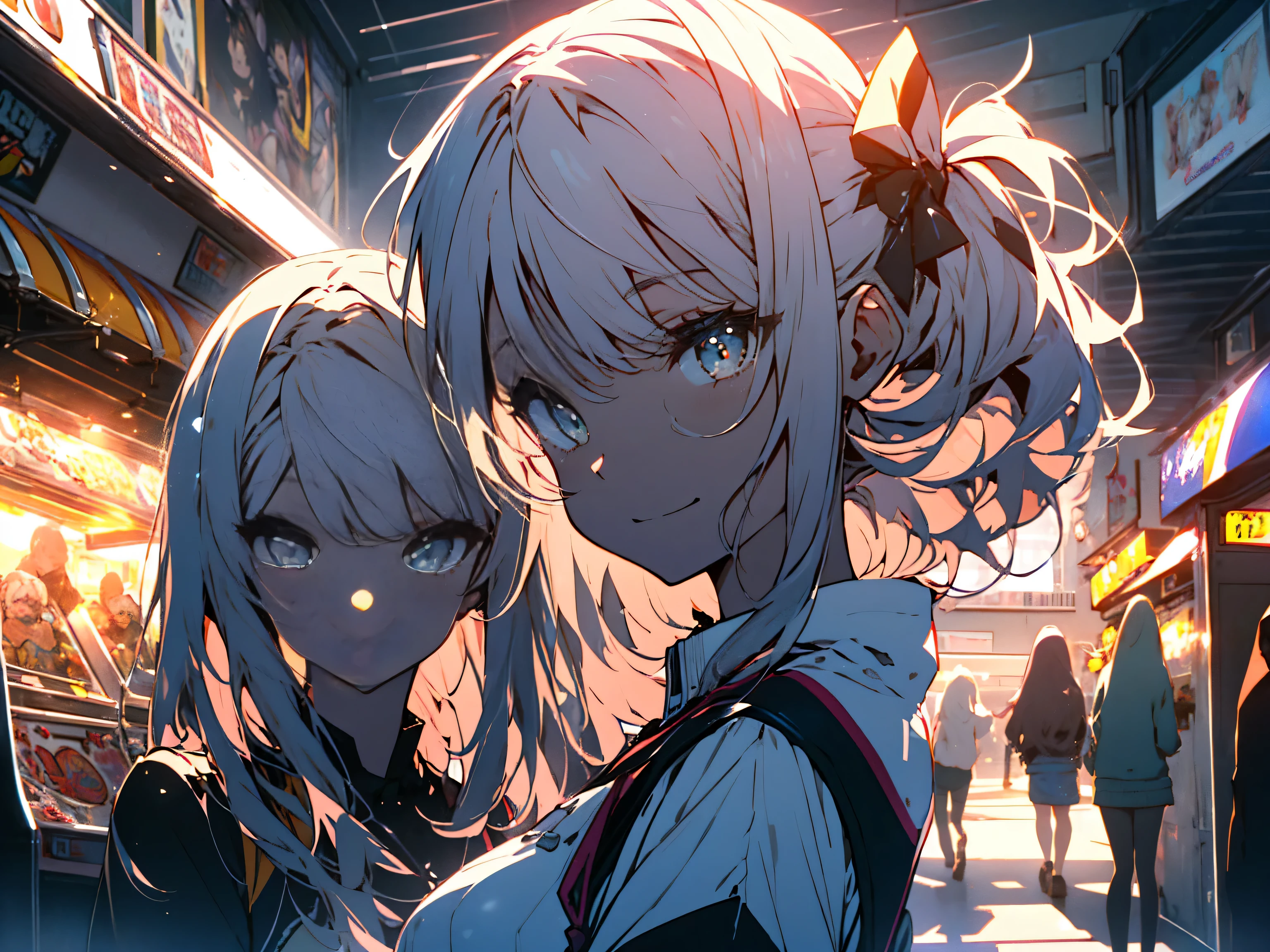 (highest quality, masterpiece, High resolution, be familiar with), (shining eyes, be familiar with beautiful face), 8K, (Two cute high school girls), (Play with UFO Catcher), (friends enjoying together), (In the arcade), (Beautiful animations), bright atmosphere, Looks happy