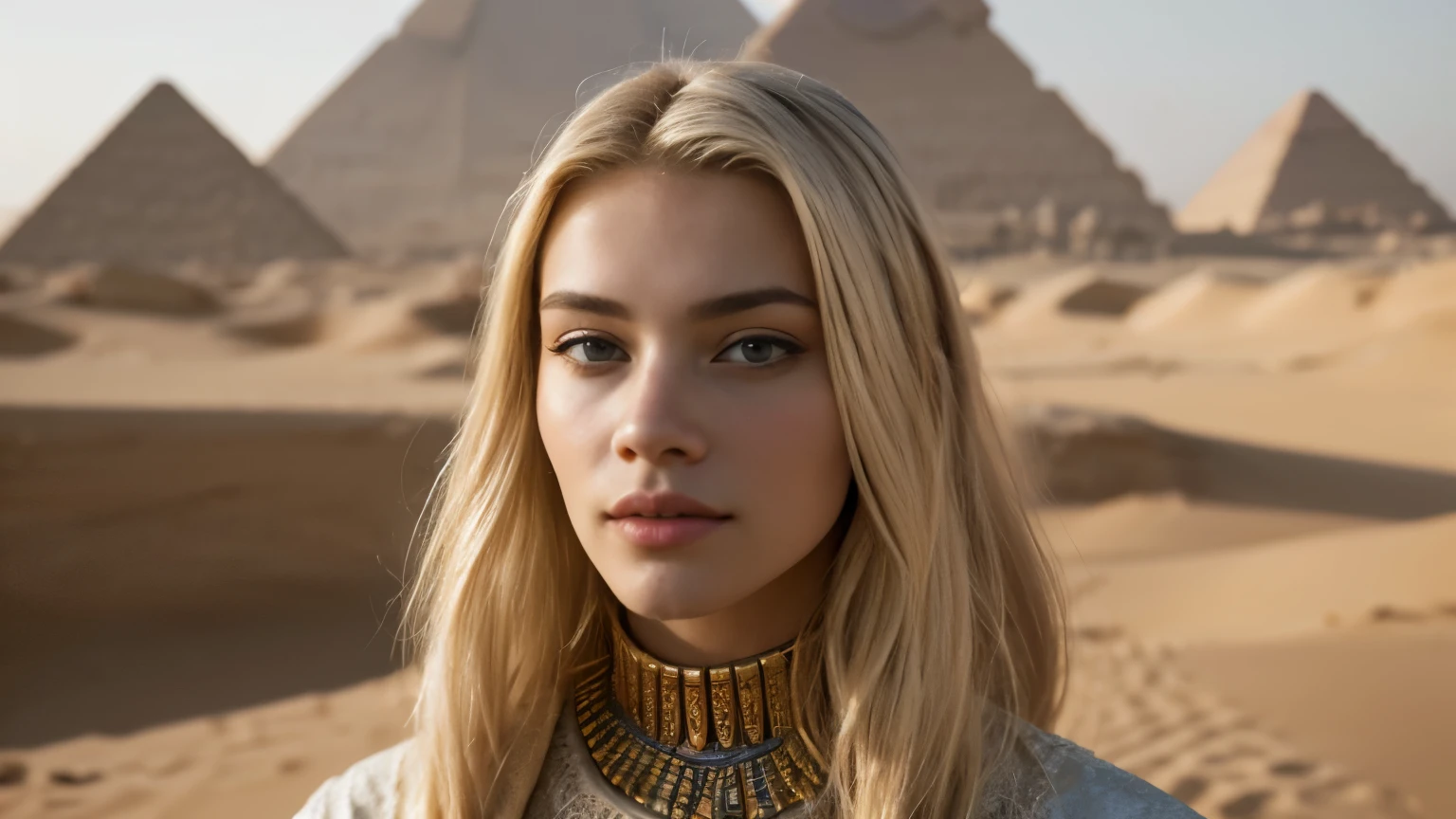 ((best quality)), ((masterpiece)), (detailed), perfect face, white young woman whith blonde hair in desert, pyramids, egypt, sci-fi, hyperrealism, 85mm, a photo of 8k ultra realistic, cinematic lighting, hyperrealistic, focused, high details, ((highly detailed)), depth of field, (((professionally color graded))), 8k, 50mm, f/1. 4, concept, art style, oilpaint, egypt