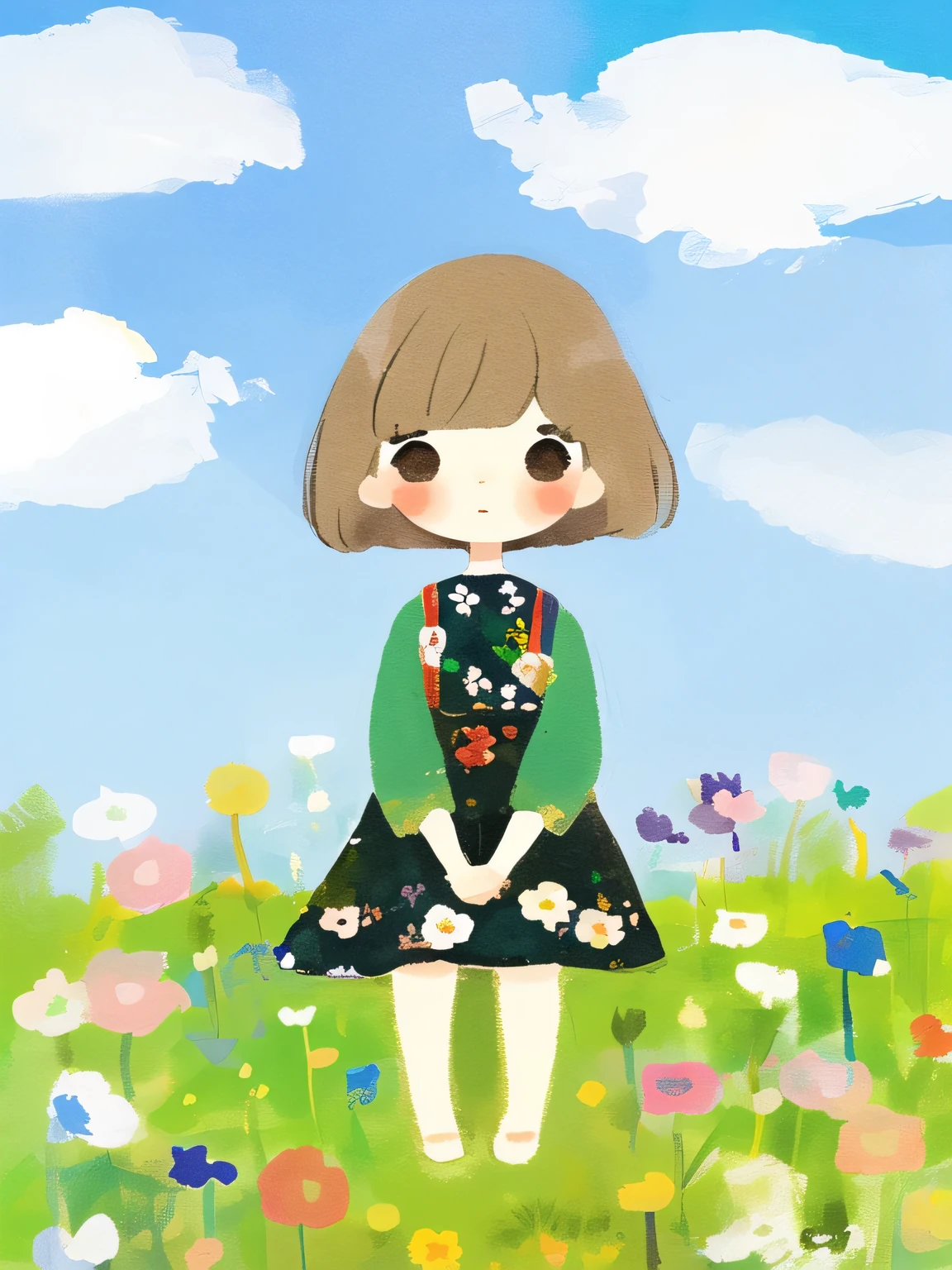 masterpiece, high quality,pretty girl, ((Chibi))、bob hair, sit、springfield、blue sky