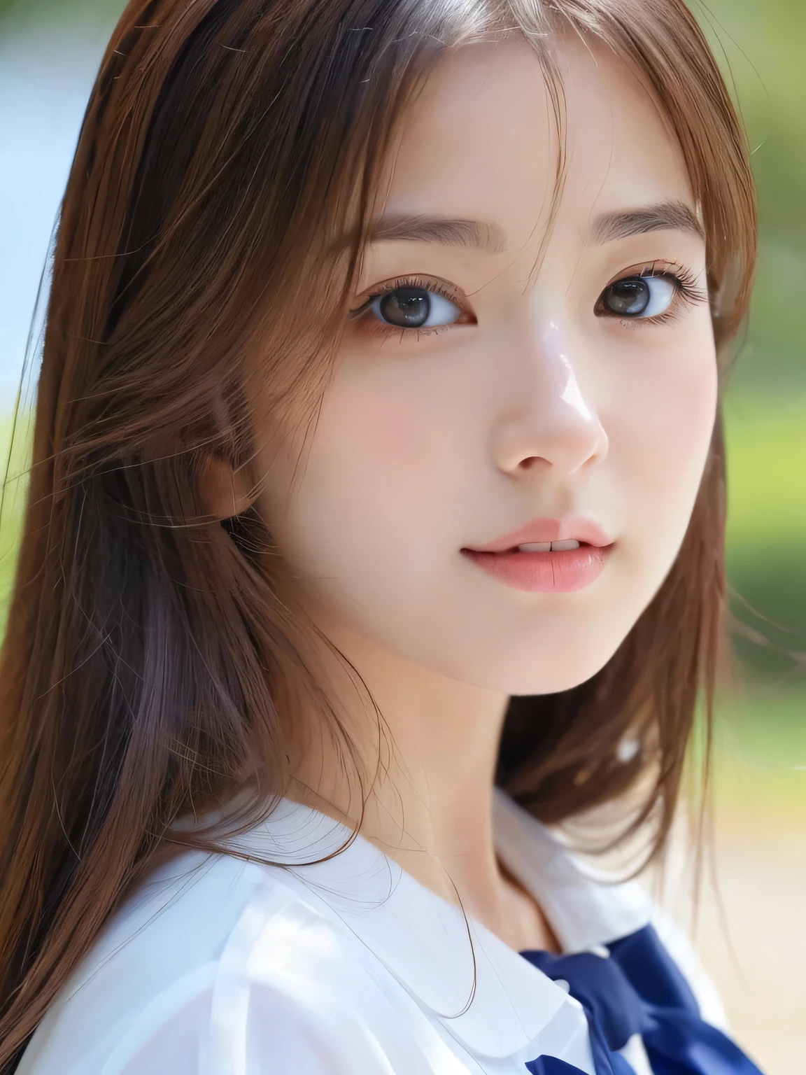 (((32k,high details,high detail、masterpiece,attention to detail,alone))),Raw photo & realistic atmosphere,beautiful dark blue eyes,detailed mouth,glossy lips,thin eyebrows,fine eyes、Soft white skin that shines in every detail、sheの深い黒色の目はとても美しいです,lip details、very beautiful face,very well-shaped face、lifelike face,shining beautiful lips,beautiful eyebrows,infinite reality, Realistic young gravure idol,she'she'she'she'she'she'she's a very cute woman , young gravure idol, young gravure idol, とても美しくてかわいい20 year old beauty,incredibly beautiful and classy,20 year old beauty,natural soft light,(shiny hair,,Beautiful and kind eyes:1.5),gentle smile,well-shaped chest,medium long hair,tie hair,beautiful posture,no makeup,think ahead,whole body,Ocean,Oceanのそば,