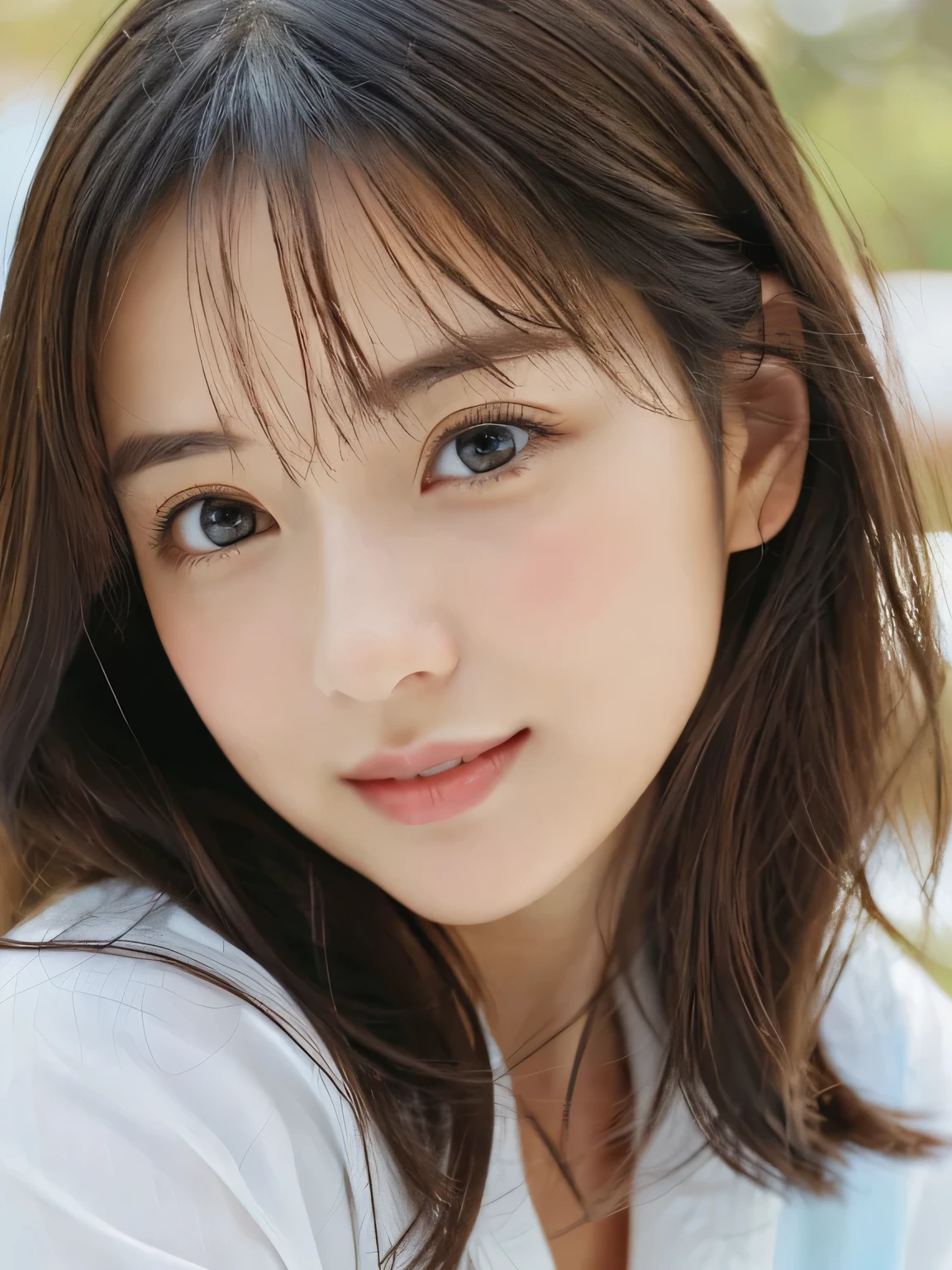 (((32k,high details,high detail、masterpiece,attention to detail,alone))),Raw photo & realistic atmosphere,beautiful dark blue eyes,detailed mouth,glossy lips,thin eyebrows,fine eyes、Soft white skin that shines in every detail、sheの深い黒色の目はとても美しいです,lip details、very beautiful face,very well-shaped face、lifelike face,shining beautiful lips,beautiful eyebrows,infinite reality, Realistic young gravure idol,she'she'she'she'she'she'she's a very cute woman , young gravure idol, young gravure idol, とても美しくてかわいい20 year old beauty,incredibly beautiful and classy,20 year old beauty,natural soft light,(shiny hair,,Beautiful and kind eyes:1.5),gentle smile,well-shaped chest,medium long hair,tie hair,beautiful posture,no makeup,think ahead,whole body,Ocean,Oceanのそば,