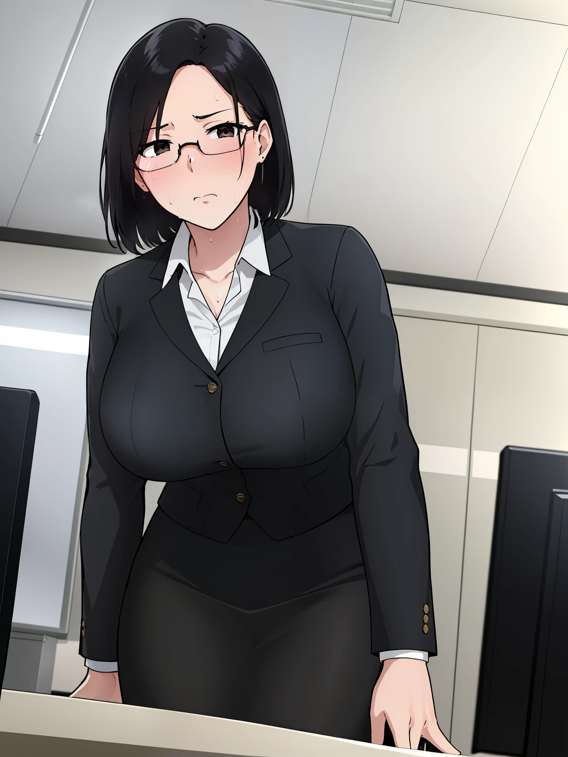 NTR Man, masterpiece, highest quality, ((1 girl、solo)), mature woman, (heavy body)、from below、office、lift skirts：1.50, secretary&#39;s black outfit:1.5、black jacket、black pencil skirt、red panties、glasses:1.4, black hair、short hair, black eye , anger, ((close,)) ,, angry look, ((flushed)),embarrassing、Sweat、vapor、office、document、monitor