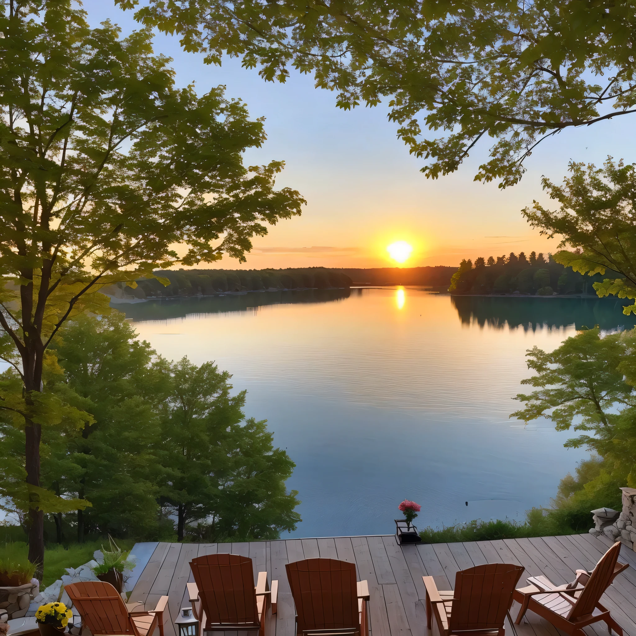 A beautiful lake view from the deck of a cottage, there is a stone huge fire pit between two reclining deck chairs, the sun is just rising off in the distance