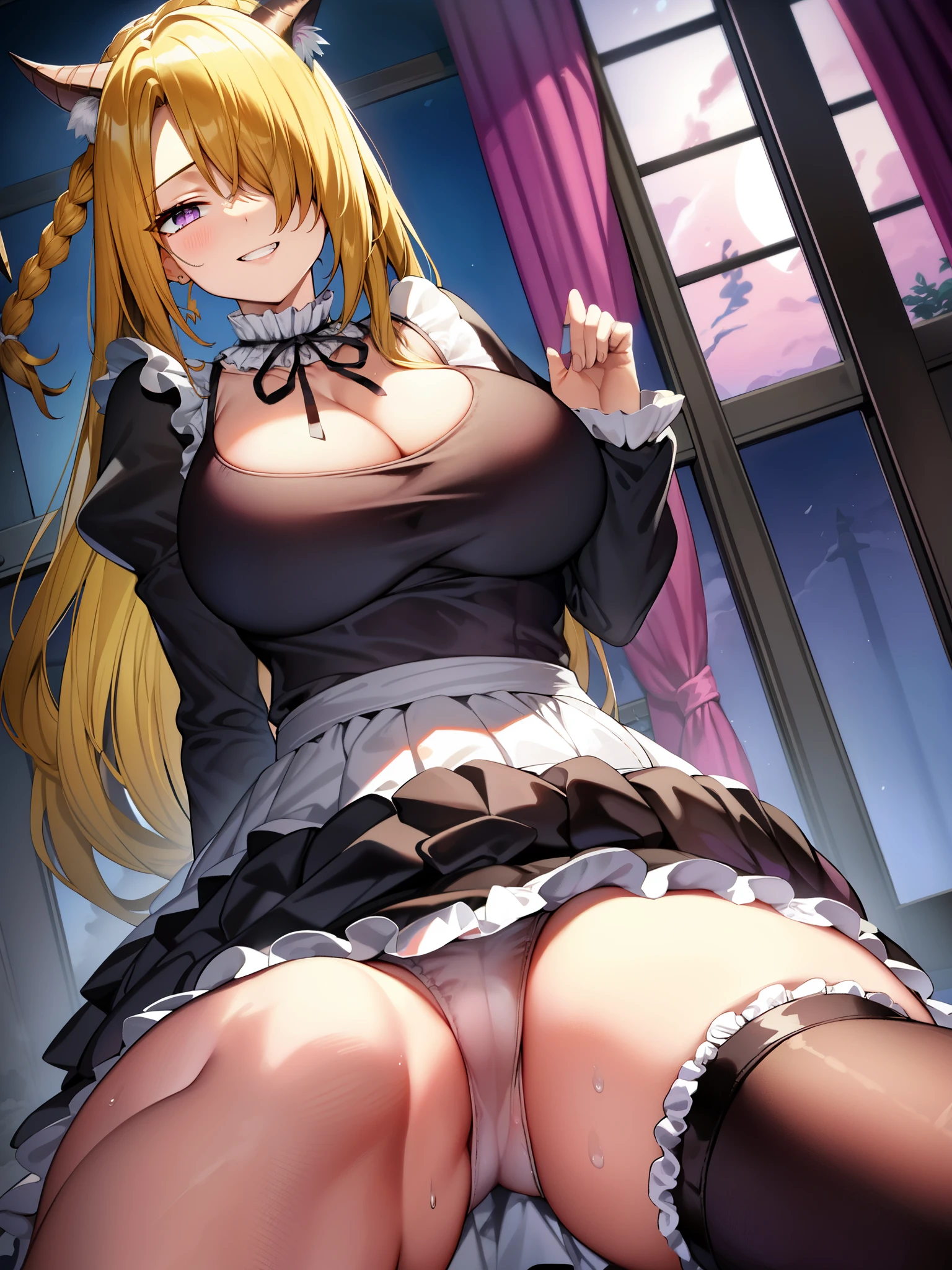 score_9、score_8_up、score_7_up、score_6_up、score_5_up、score_4_up、 gradient background、refraction、caustics、rim light、Backlight、bloom、 destroy source_anime、 cloud、null、night、星null、nightnull、moonlight、まだらのmoonlight、 outdoor、dramatic lighting、landscape、fantasy、alley、dark、dark部屋、 Break 1 girl、blonde、floating hair、hair ornaments、side lock、super long hair、messy bangs、 purple eyes、eye shadow、make、smile、naughty face、parted lips、open your mouth、Sweat、 black horn、Black tail、devil's horns、devil's tail、devil girl、 huge breasts、wide hips、thick thighs、thin waist、 maid、maidエプロン、maid頭飾り、white apron、白ribbon、white handbag、 black dress、黒のskirt、collared dress、frillsエプロン、frills、 juliet sleeve、long sleeve、puffy sleeve、ribbon、skirt、ウエストribbon、 unbutton、Chest out、swollen nipples、squat、pussy、skirtたくし上げる、lift it yourself、anus、No panties、colored pubic hair、 high heels、white stockings、garter strap、 look at viewer, perspective, from below, Cat Focus, クローズup, Straight,