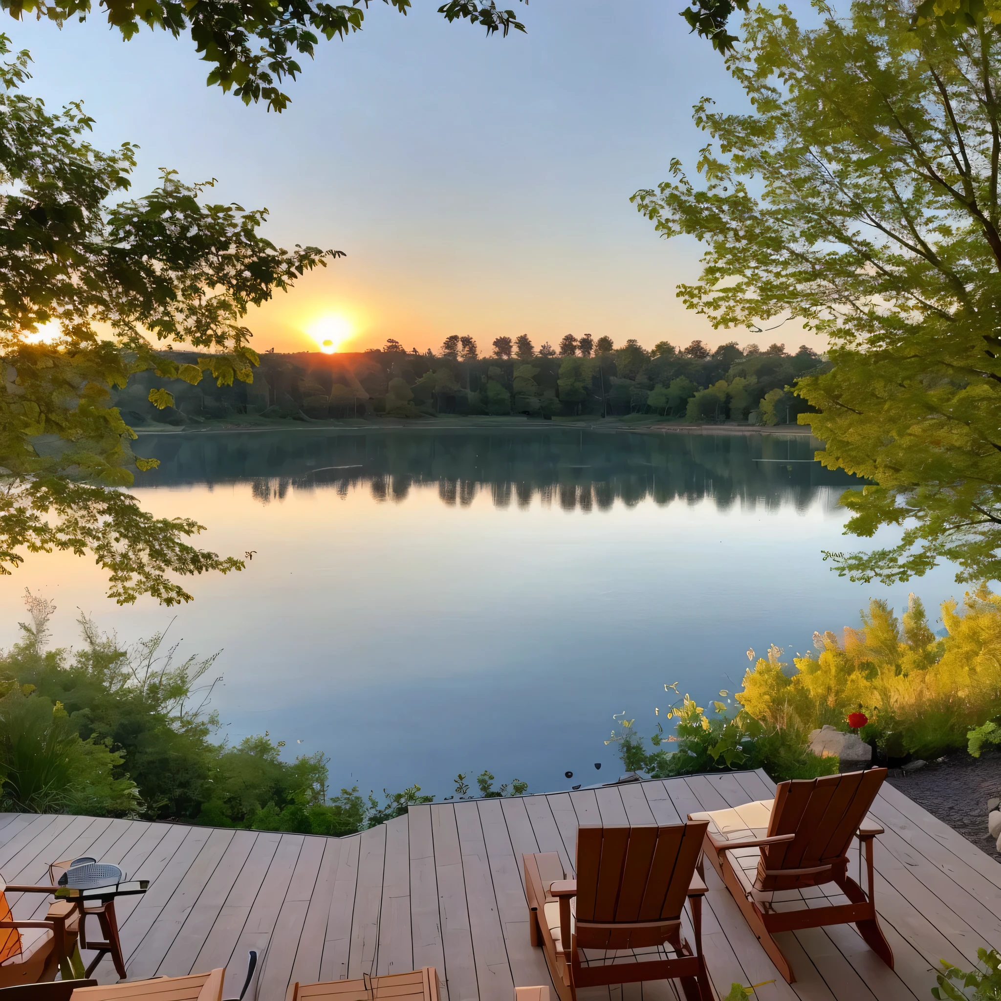 A beautiful lake view from the deck of a cottage, there is a stone huge fire pit between two reclining deck chairs, the sun is just rising off in the distance