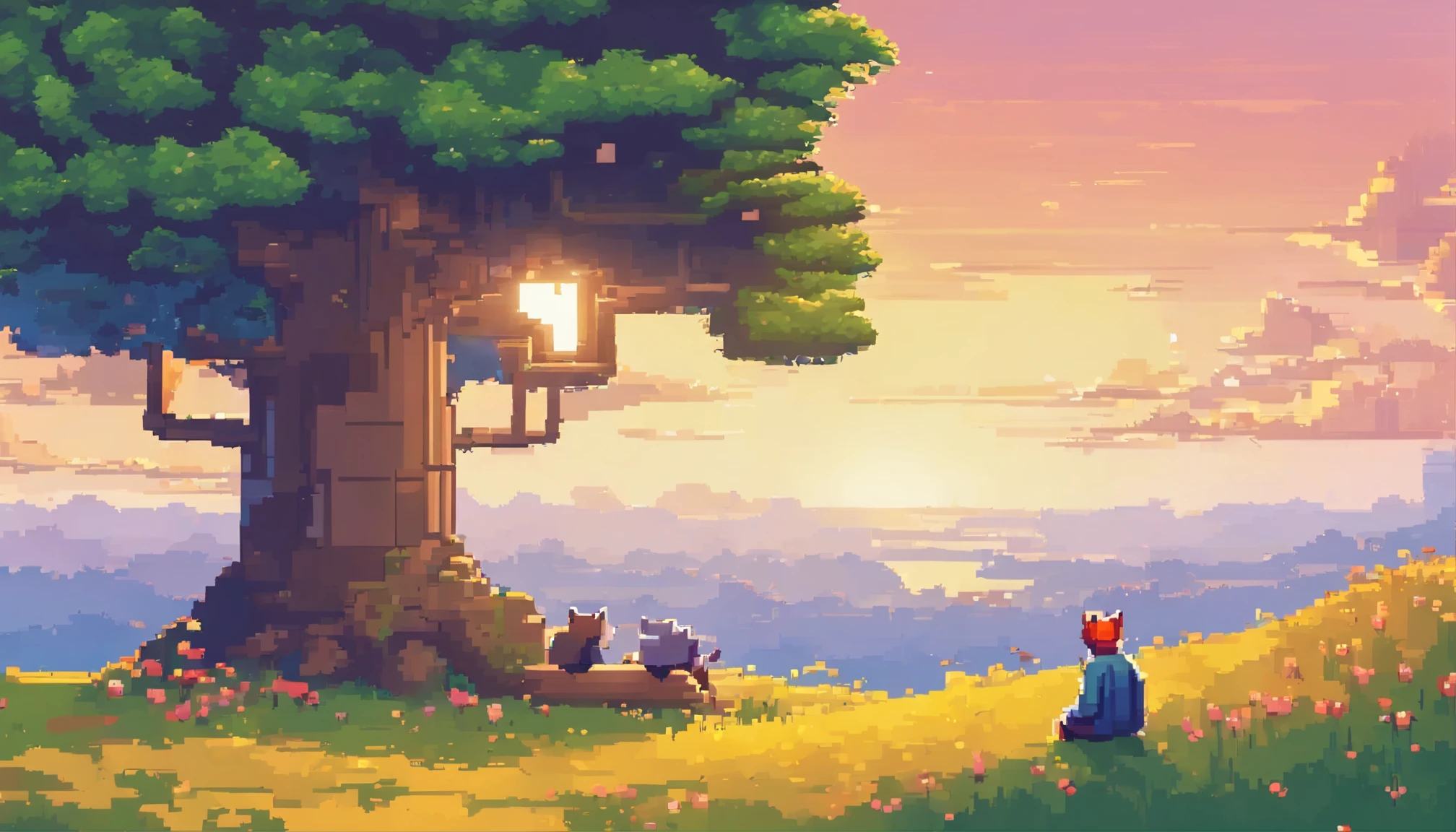 A man sitting against a tree on a meadow, dawn, a cat, beautiful clouds, (best quality,4k,8k,highres,masterpiece:1.2), ultra-detailed, (realistic,photorealistic,photo-realistic:1.37), traditional painting, calming atmosphere, vibrant colors, soft lighting, serene ambiance, tranquil scenery, fresh morning dew, peaceful solitude.