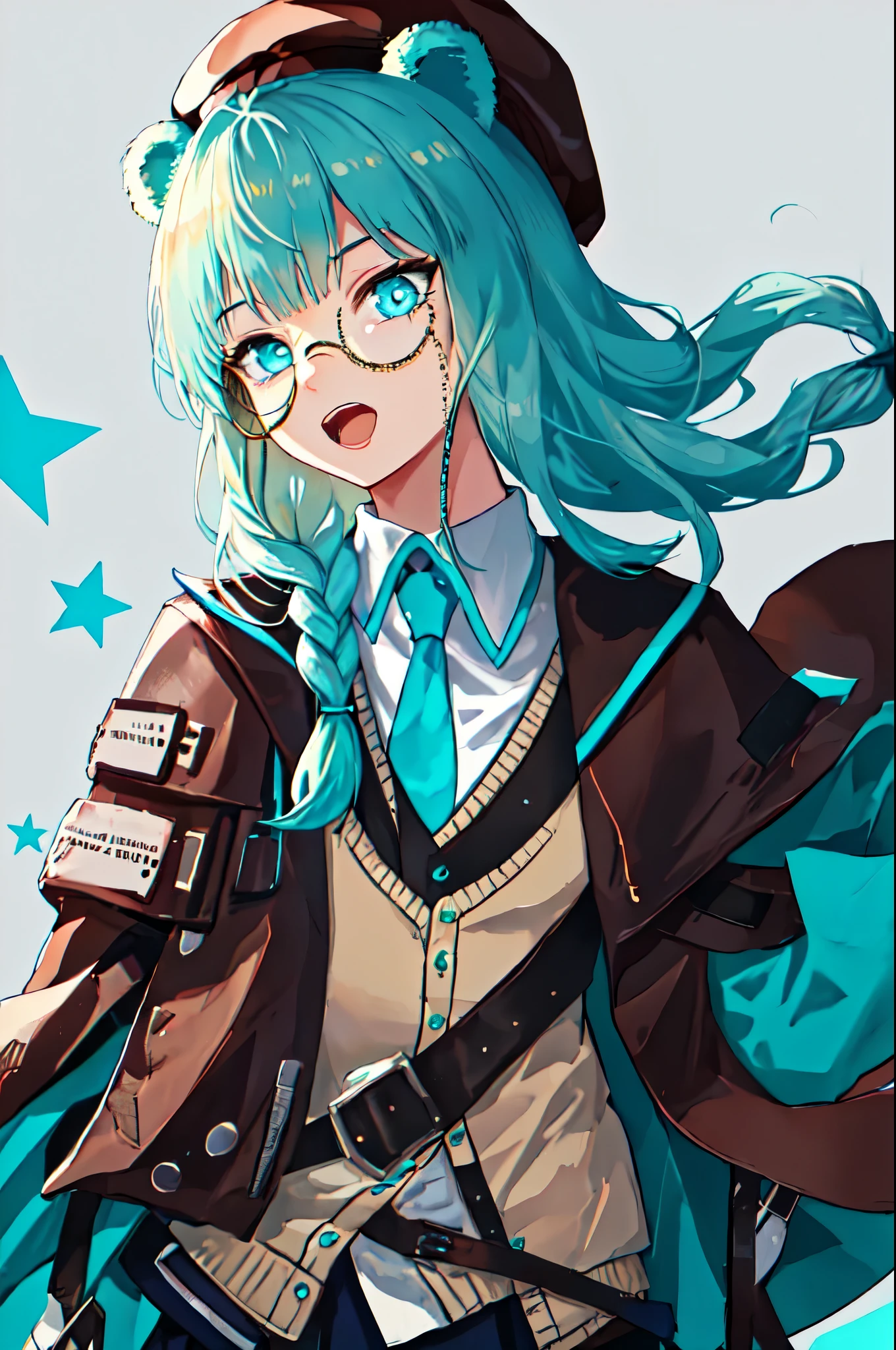 best quality, masterpiece, highres, solo, {istina_arknights:1.15}, animal_ears, bear_ears, long_hair, hair_ornament, monocle, bangs, braid, blue_eyes, blue_hair, star_\(symbol\), star_hair_ornament, hat, brown_headwear, book, beret, upper_body, aqua_hair, necktie, single_braid, 1girl, collared_shirt, jacket, looking_at_viewer, shirt, white_shirt, aqua_necktie, simple_background, white_background, open_mouth, blue_necktie, brown_jacket