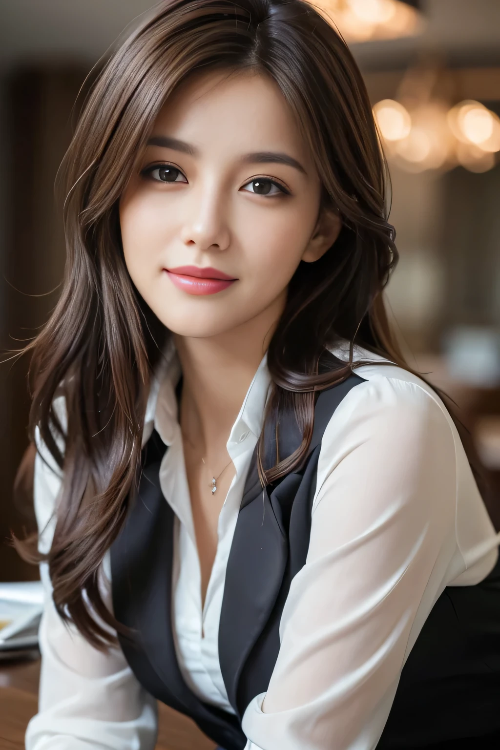 table top, highest quality, realistic, Super detailed, finely, High resolution, 8k wallpaper, 1 beautiful woman,, light brown messy hair, wearing a business suit, sharp focus, perfect dynamic composition, finelyて美しい目, thin hair, Detailed and realistic skin texture, smile, close-up portrait, model body shape