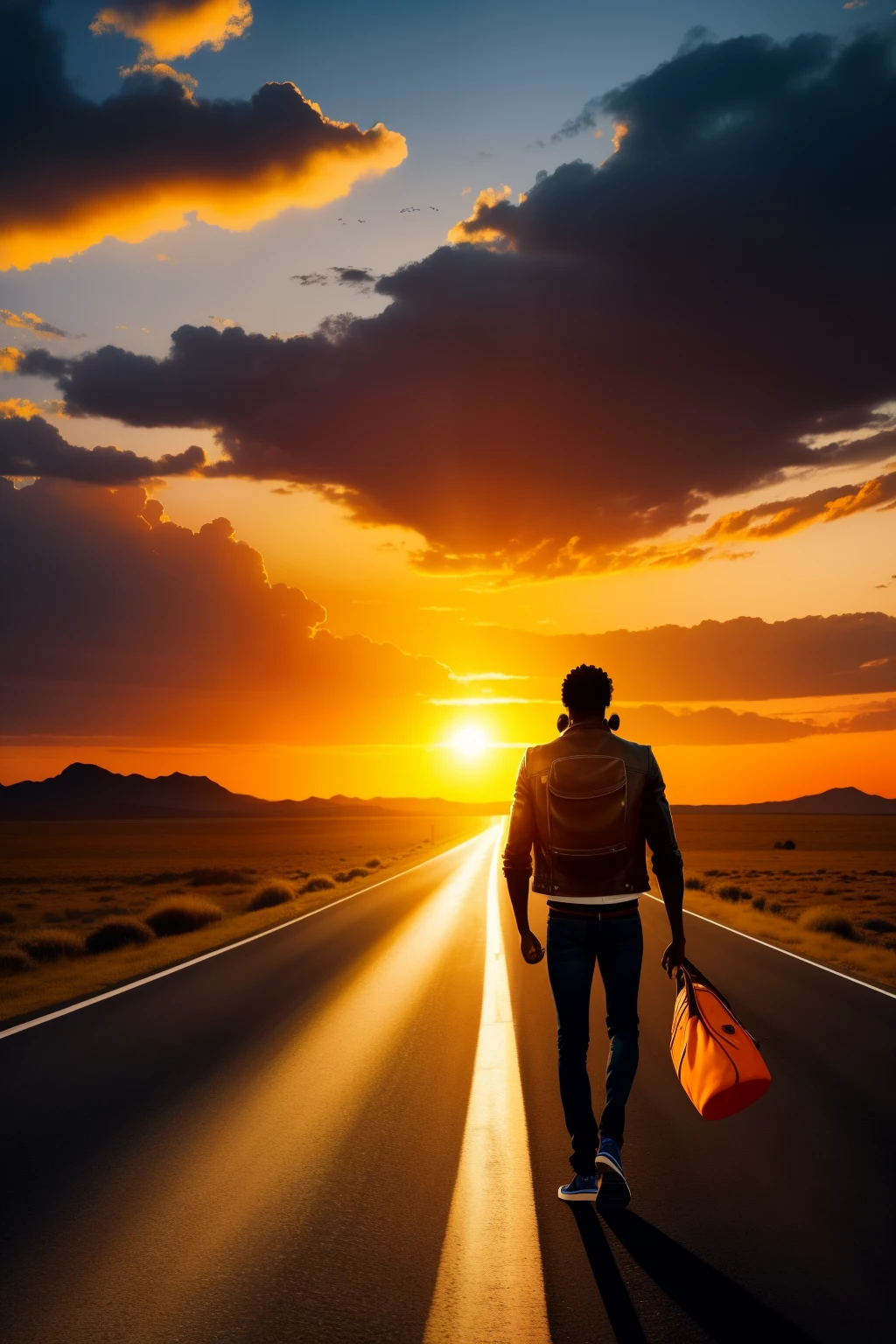 A 25-year-old black man confidently walks along a deserted road as the sun sets, casting an orange and purple silhouette against the sky. He dons a leather-jacket adorned with fringe and worn-out jeans, a backpack slung over his broad shoulders. His determined gaze is fixed on the horizon, fueling a sense of adventure.
This captivating scene is captured realistically through a 24mm wide-angle lens, meticulously detailing both the expansive landscape and intricacies of the man's formidable figure. With an aspect ratio of 16:9 and a resolution of 5K, every element is vividly illustrated