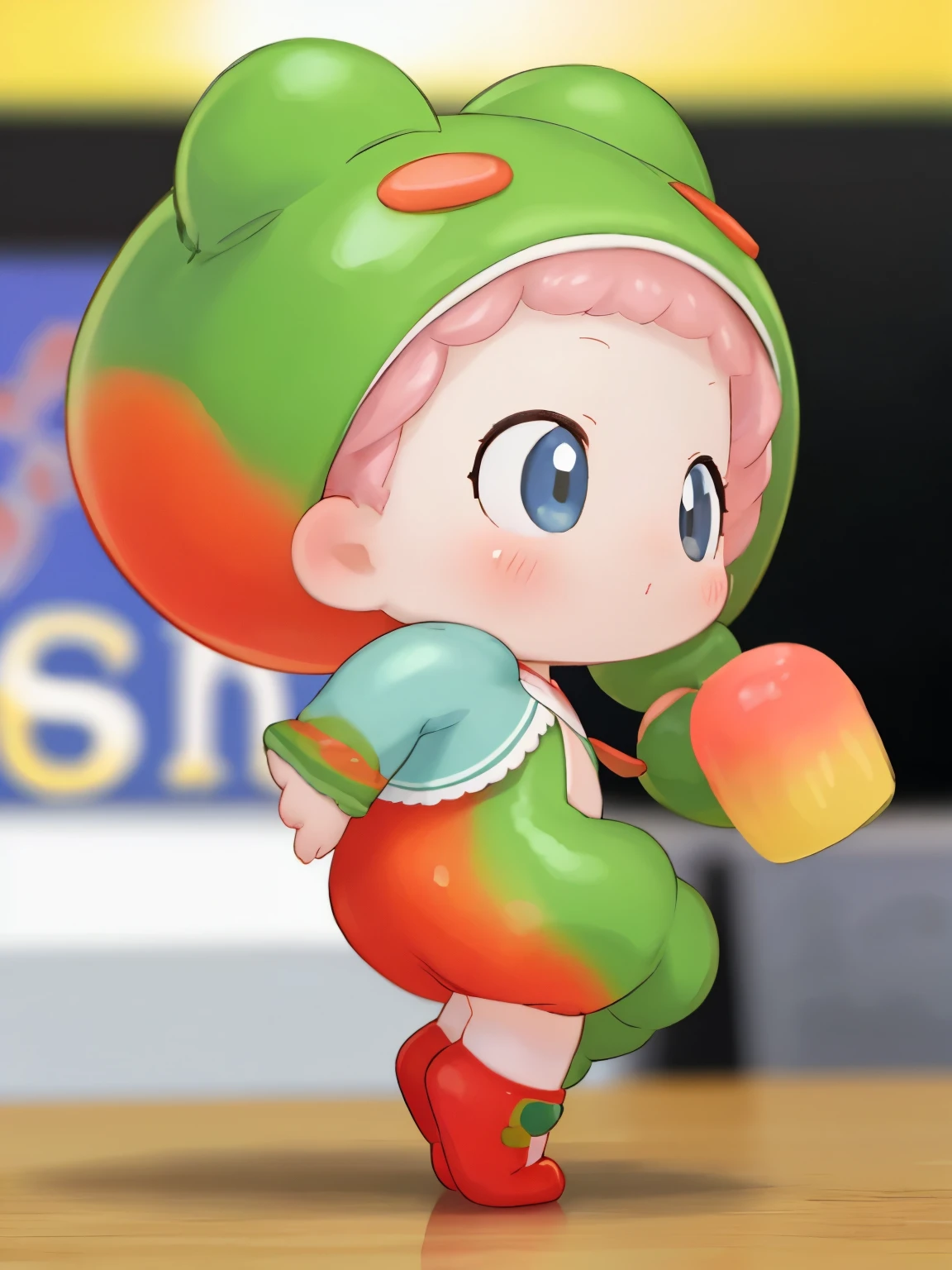 blindbox、Chibi girl acting on stage、wearing a cute fruit costume、action、jump、Take a photo from the side