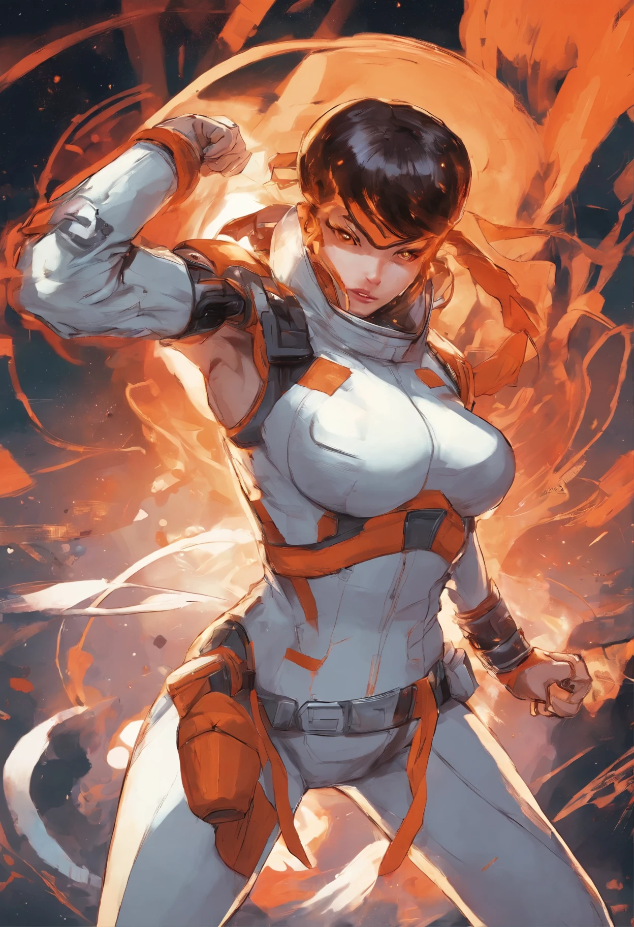 1girl,solo,Sala,original,full face helmet,face visible through helmet ,green eyes,white body suit,orange heavy armor,cowboy shot,in space station,Science fiction,ultra-detailed,sharp focus,aesthetic,(best quality)