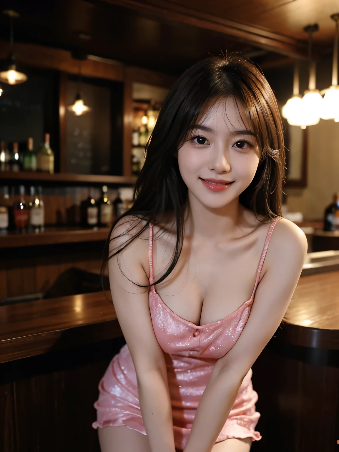 Smiling woman, in a bar, cumhair, hair, Masterpiece, 8k, raw photo, ultra realistic, highly detailed, UHD, Extreme close-up of cute Korean female, Chest size 32 inches, Long hair, slightly smile, wearing sexyshort dress, in the bar,night, blurred background,