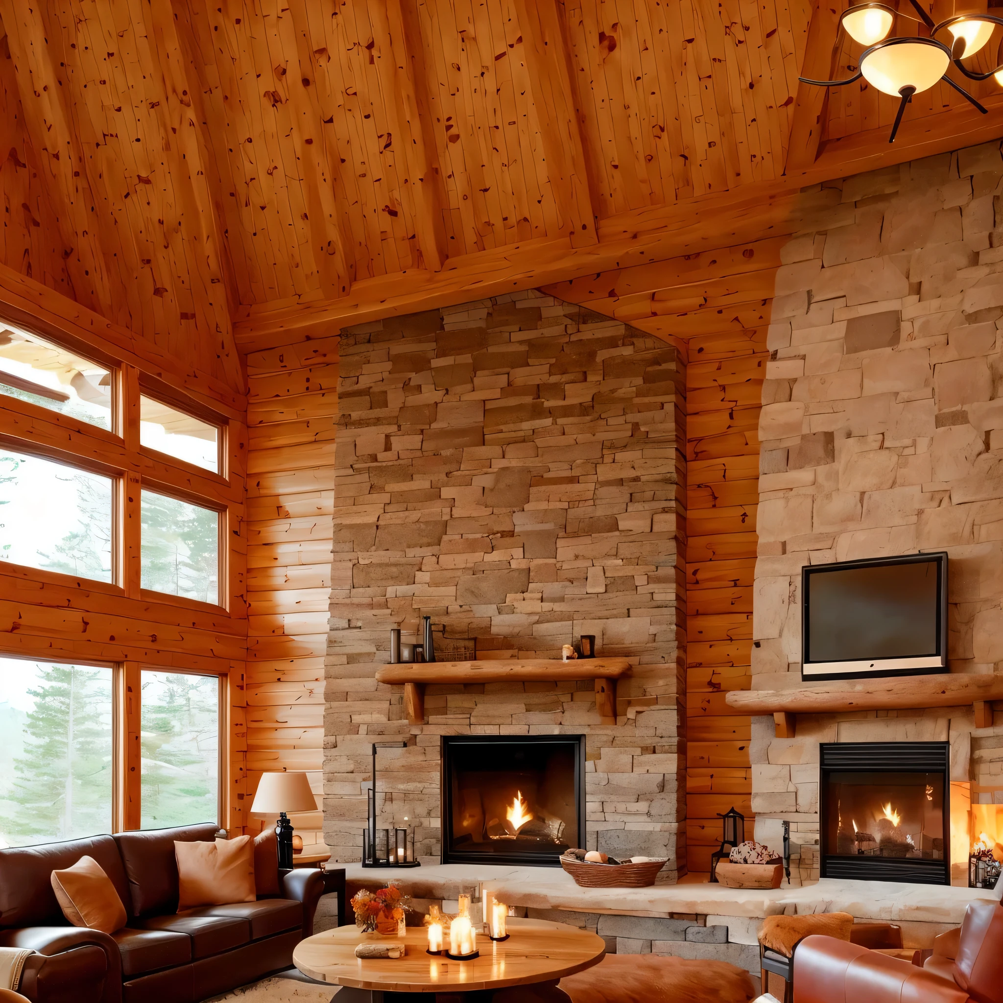 a romantic living room in a luxury cabin in the woods, unique extra large windows looking at a stunning mirror lake, and a huge fireplace surrounded by stone, brown leather furniture, warm furry blankets, cozy, warm, sleepy, beautiful, spectacular
