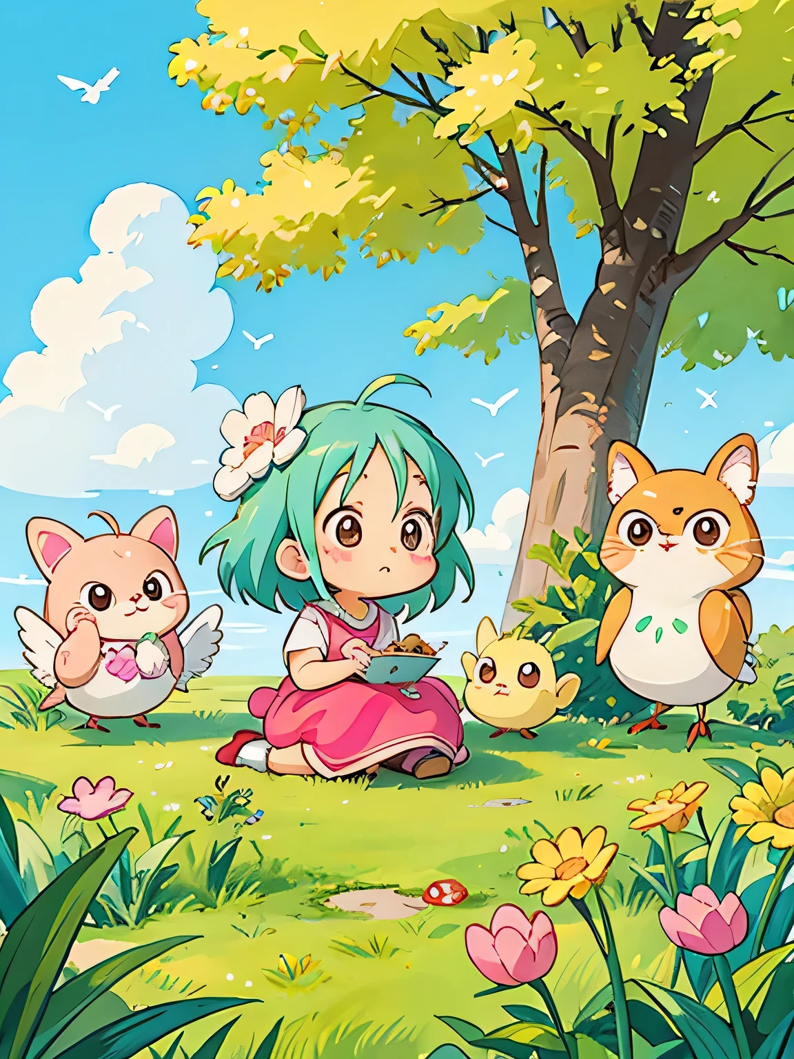 akira toriyama style, Kawaii Design, Chibi, beautiful spring afternoon、birdie