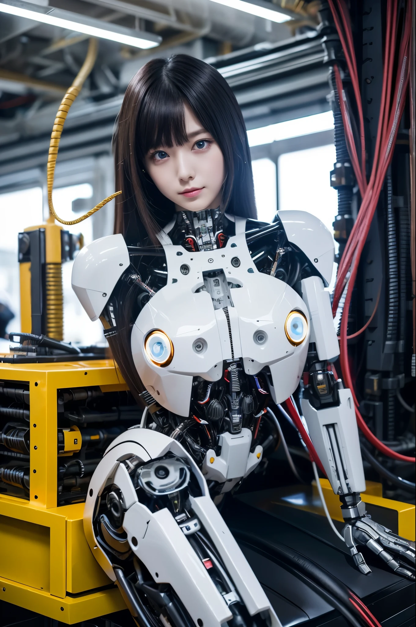 masterpiece, best quality, extremely detailed,8k portrait,Japaese android girl,Plump , control panels,android,Droid,Mechanical Hand, Robot arms and legs, Black hair,Blunt bangs,perfect robot girl,long tube,thick cable connected her neck,japanese cyborg girl ,android assembly plant,connecting a cable between the legs,white robot body,mechanical body,mouton boots,(blue eyes:1.5)