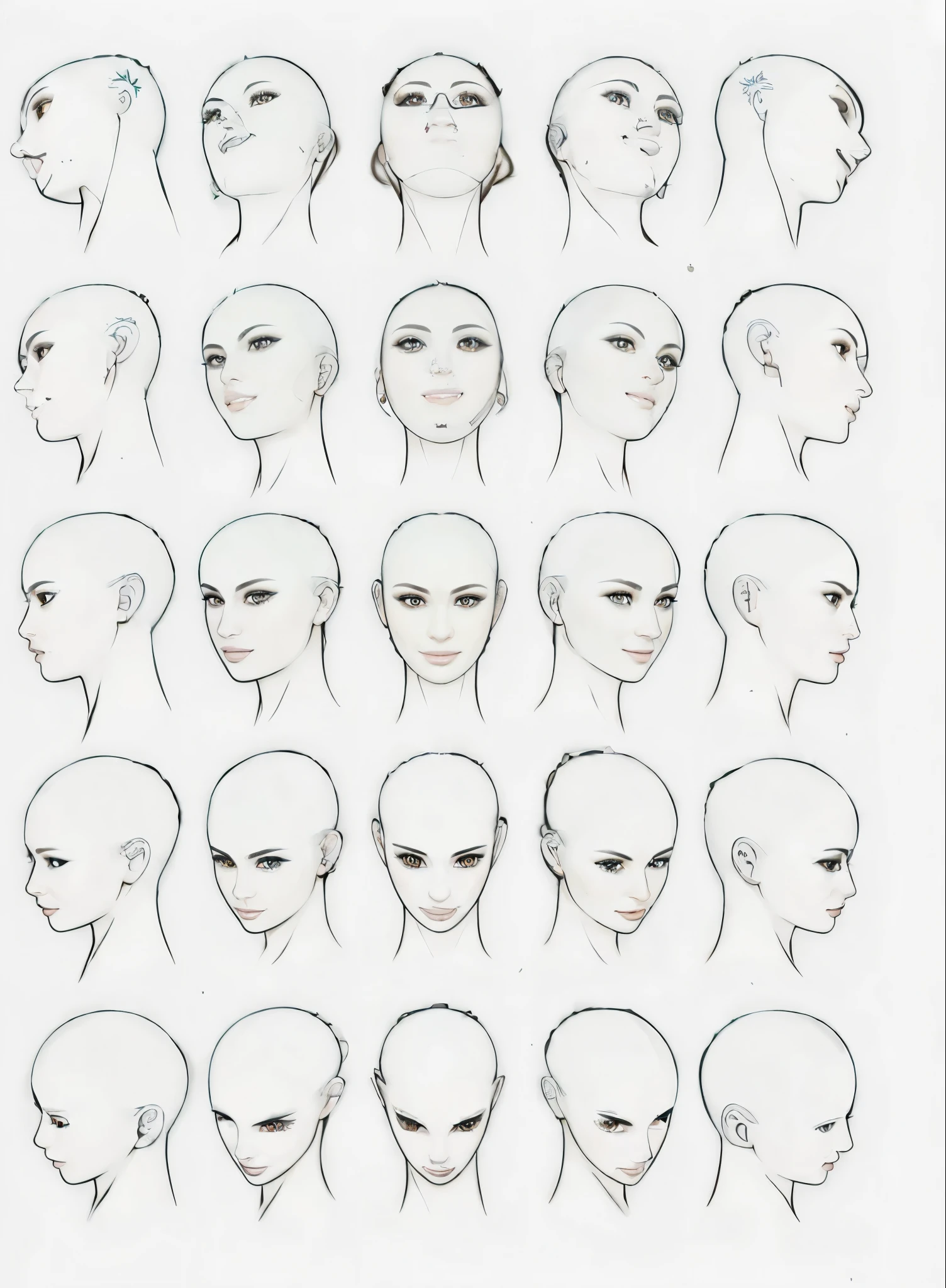 High realistic painting of multiple heads of the same character smiling in different positions of a european brunette woman, ((30 years old very hot woman with beautiful long black hair slightly curly)), ((high quality draw)), (work of art), ((facial and skin textures very detailed), (Realistic faces), (Very beautiful and detailed faces :1.3), (very detailed brown eyes: 1.25), (very detailed red month: 1.21), (very detailed nose: 1.2), (((professional hairstyles:1.42))),((anatomically correct)), ((perfect skin with round eyes:1.42). ((drawing study)). Multiple heads of the same character smiling in different positions