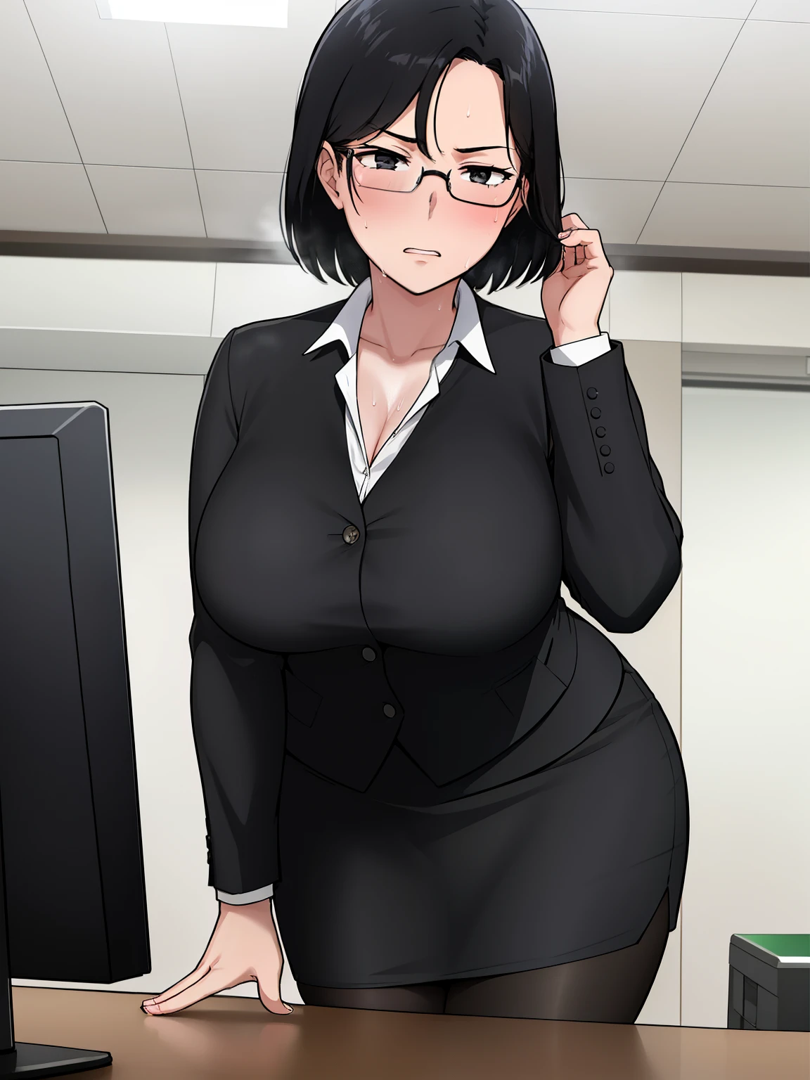 NTR Man, masterpiece, highest quality, ((1 girl、solo)), mature woman, (heavy body)、from below、office、leaning forward,hands between legs、hands on crotch、 secretary&#39;s black outfit:1.5、black jacket、black pencil skirt、glasses:1.4, black hair、short hair, black eye , anger, ((close,)) ,, angry look, ((flushed)),embarrassing、Sweat、vapor、office、document、monitor