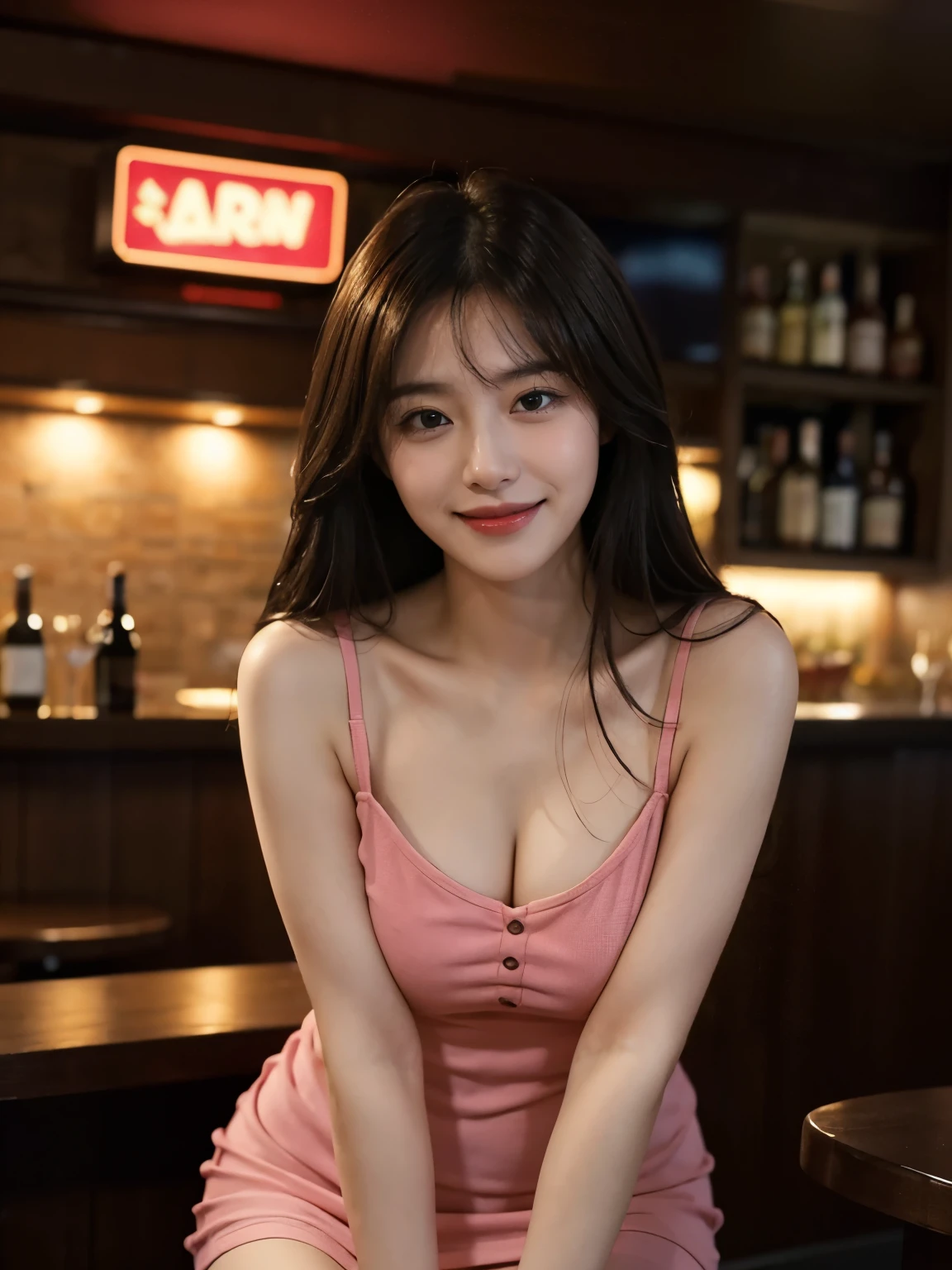 Smiling woman, in a bar, cum hair, hair, Masterpiece, 8k, raw photo, ultra realistic, highly detailed, UHD, Extreme close-up of cute Korean female, Chest size 32 inches, Medium wave hair, slightly smile, wearing sexy short dress, in the bar, night, blurred background,