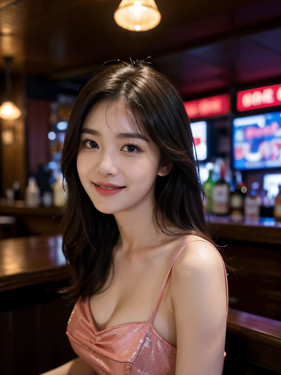 Smiling woman, in a bar, cum hair, hair, Masterpiece, 8k, raw photo, ultra realistic, highly detailed, UHD, Extreme close-up of cute Korean female, Chest size 32 inches, Medium wave hair, slightly smile, wearing sexy short dress, in the bar, night, blurred background,