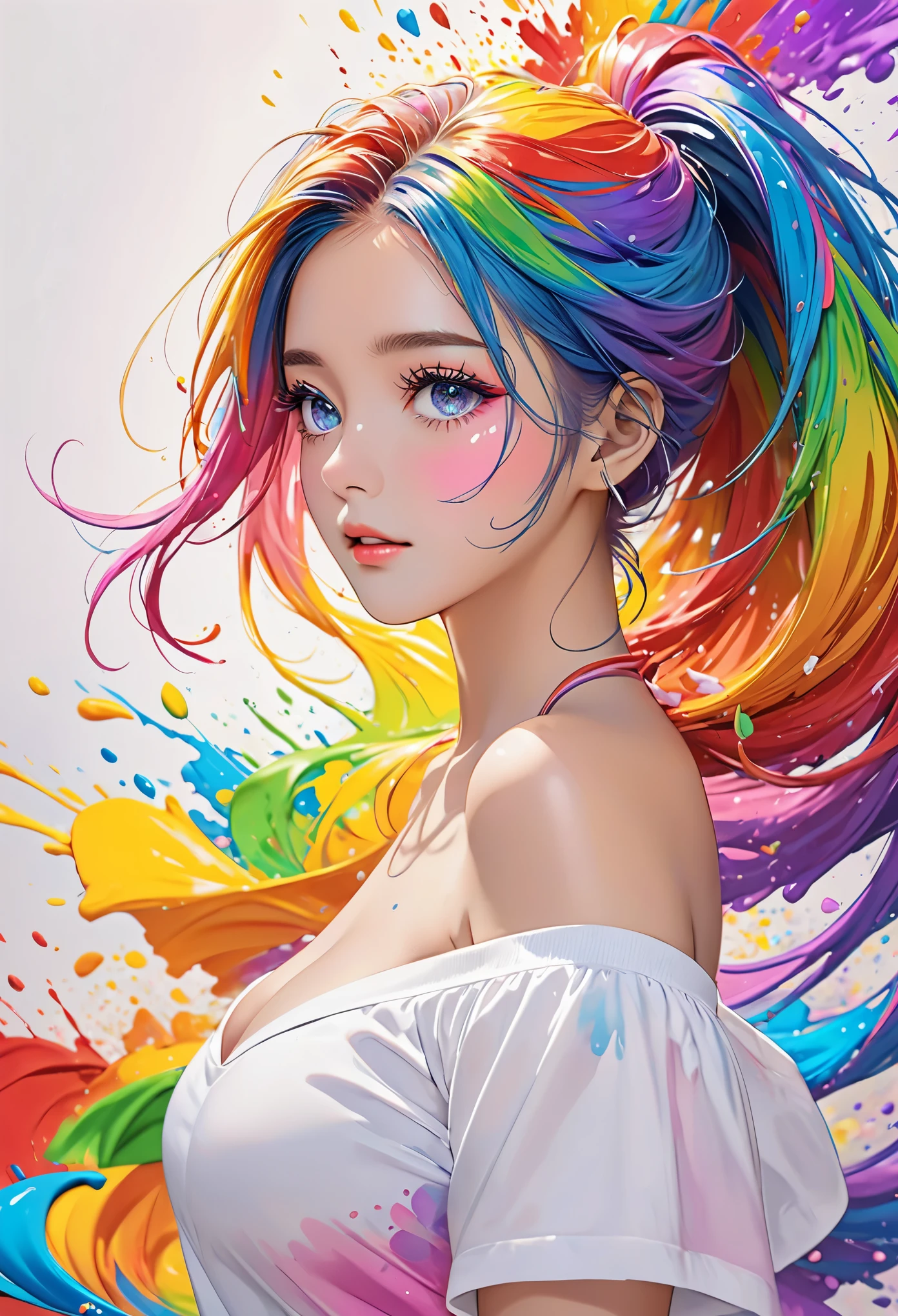 （Pink Fashion T-shirt：1.9），(Colorful hair: 1.8), (all the colours of the rainbow: 1.8),(((((vertical painting：1.6))), （painting：1.6），front, comics, illustrations, paintings, large eyes, crystal clear eyes,（ rainbow color gradient high ponytail：1.7）, exquisite makeup, closed mouth,(Small Fresh: 1.5),(Wipe Chest: 1.6) ，long eyelashes, white off shoulder T-shirt, White Shoulder Shirt，looking at the audience, large watery eyes, (rainbow colored hair：1.6), color splash, （solo：1.8）, color splash, color explosion, thick paint style, messy lines, ((shining))，(colorful), (colorful), (colorful), colorful, Thick Paint Style, (Splash) (Color Splash), Vertical Painting, Upper Body, Paint Splash, Acrylic Pigment, Gradient, Paint, Highest Image Quality, Highest Quality, Masterpiece, Solo, Depth of Field, Face Paint, colorful clothes, (Elegant: 1.2), gorgeous,long hair, wind, (Elegant: 1.3), (Petals: 1.4)，(((masterpiece))),(((best quality))),((ultra-detailed)),(illustration),(dynamic angle),((floating)),(paint),((disheveled hair)),(solo),(1girl) , (((detailed anima face))),((beautiful detailed face)),collar,bare shoulders,white hair, ((colorful hair)),((streaked hair)),beautiful detailed eyes,(Gradient color eyes),(((colorful eyes))),(((colorful background))),(((high saturation))),(((surrounded by colorful splashes))),