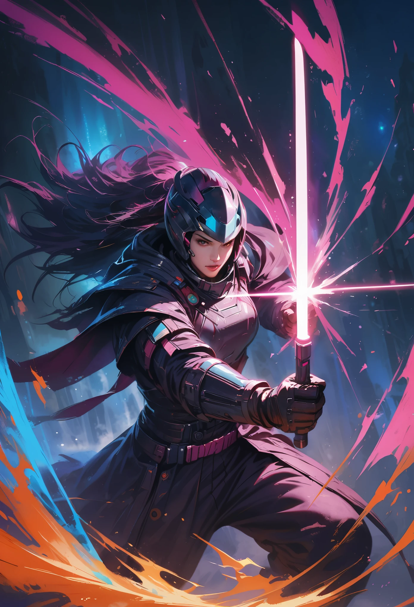 A person holding a glowing lightsaber, intense light emission, high intensity battle, epic sci-fi concept art, vibrant colors, dynamic action, dark background, realistic details, professional artwork, masterpiece:1.2, ultra-detailed, studio lighting, vivid colors, sharp focus, sci-fi, space fantasy.