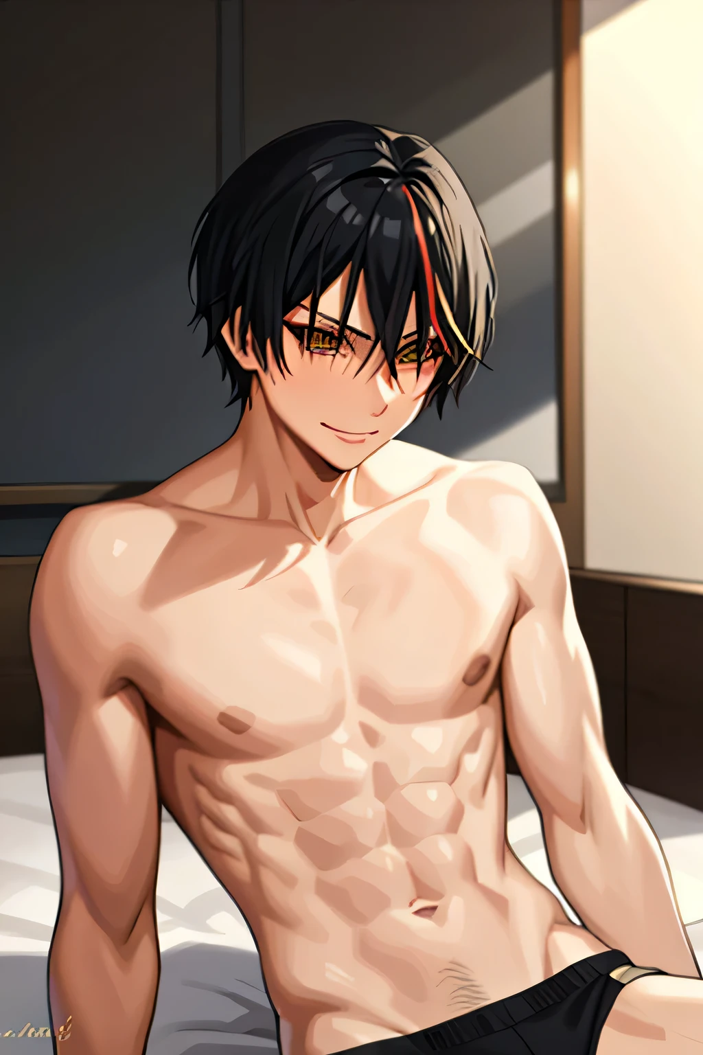 Highres, Masterpiece, Best quality at best,Best Quality,hight quality, hight detailed, 1boy, Boy,Shota, spike hair, Brown hair, Solo person, Shirtless, Topless, collarbone, Smile, (Pregnant belly), blush, On bed, Seen from the front, Look at viewer, ( boy), 14-year-olboylurryckground, bokeh, Uhd