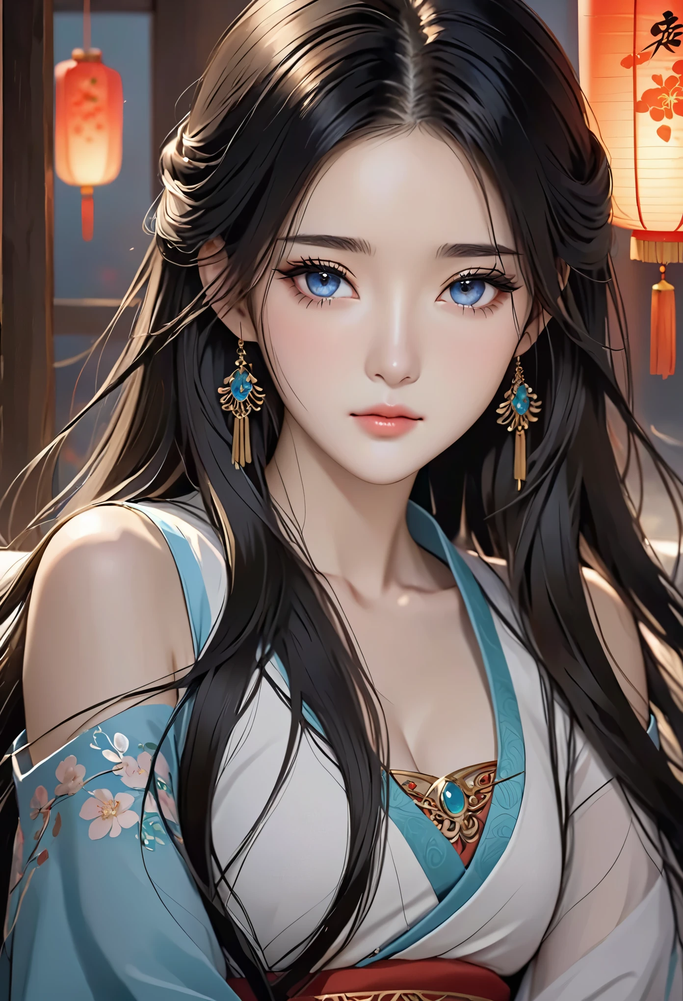 black hair, 1 girl, pretty face, beautiful eyes,long_hair, alone, jewelry, Art, Chinese, rest,
