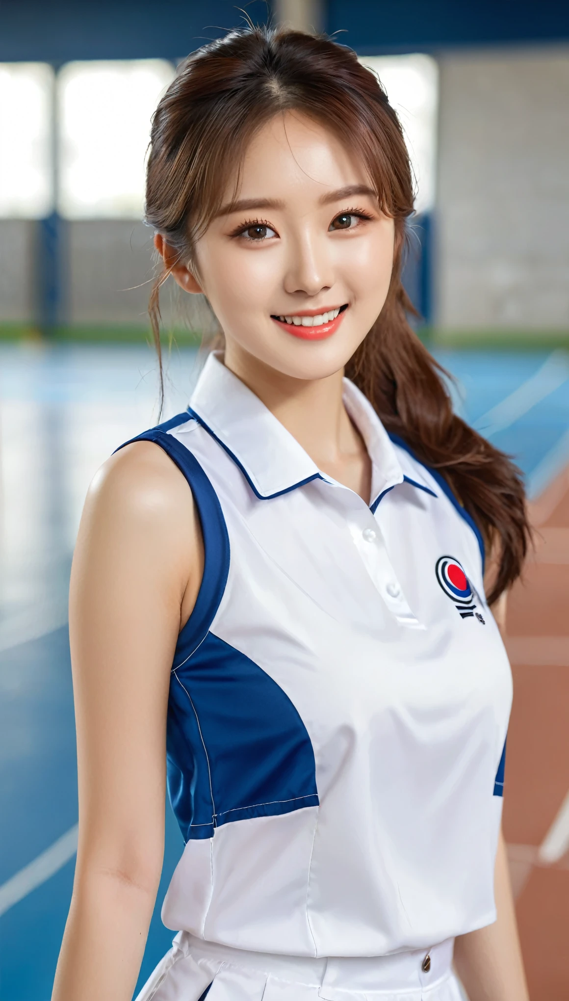 close-up shot of beautiful korean female, 36 inch breasts size, red twin tail, slightly smile, wearing dresed in a blue, black and white themed sleeveless collared sport department uniform, at sport center 