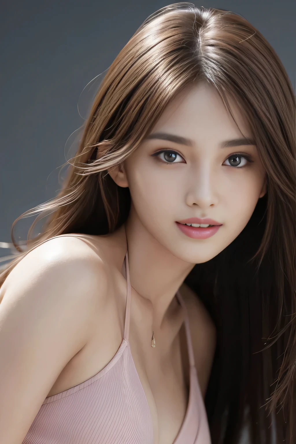 table top, highest quality, realistic, Super detailed, finely, High resolution, 8k wallpaper, 1 beautiful woman,, Light brown long hair,wearing a dark pink bikini, sharp focus, perfect dynamic composition, beautiful and detailed eyes, thin hair, Detailed realistic skin texture, laughter, model body shape,whole body
