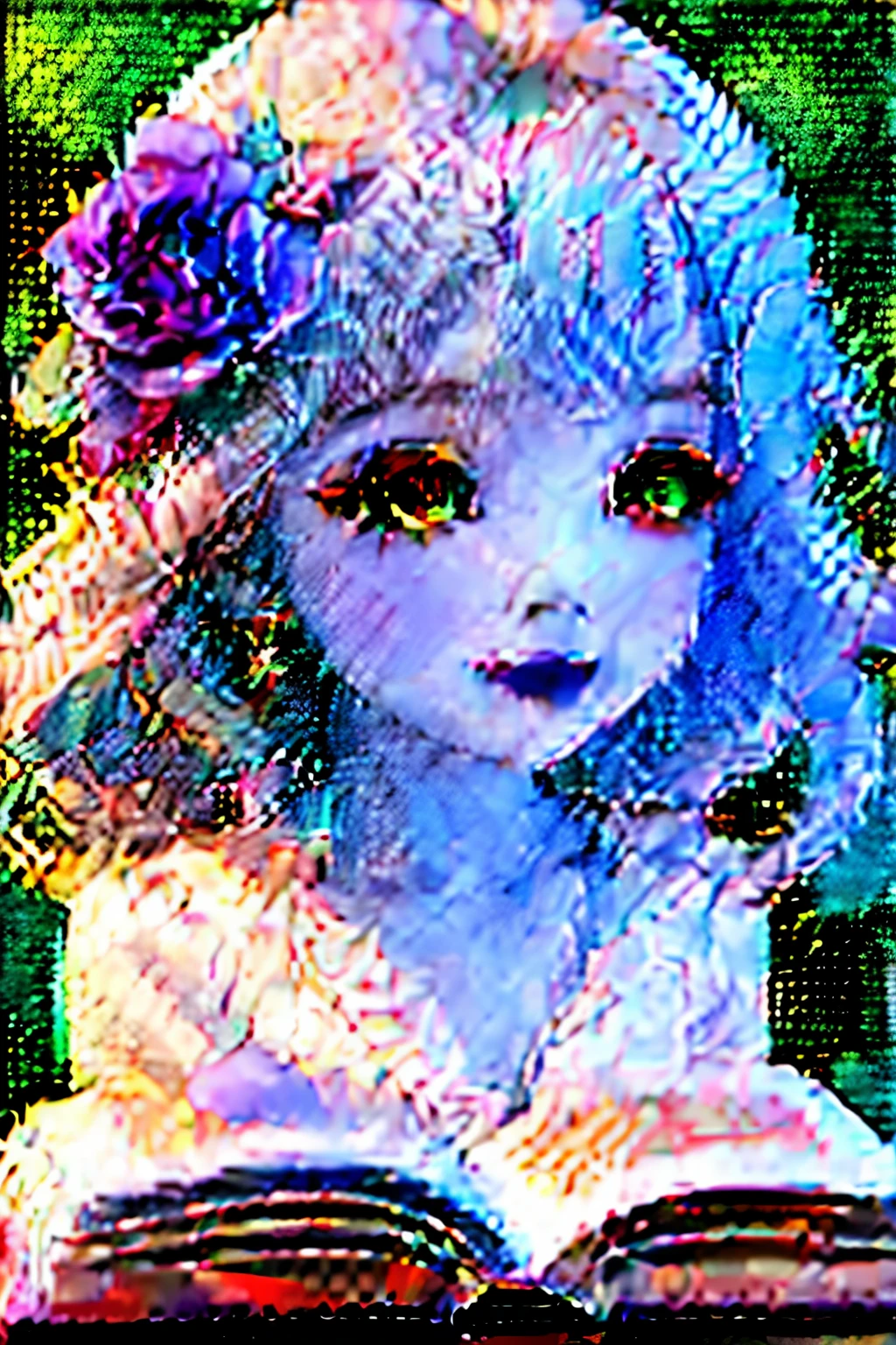 1Chibi girl smelling the scent of rose flowers in a book、Jewel-like eyes、Take a super close-up shot of lips from the side、smile