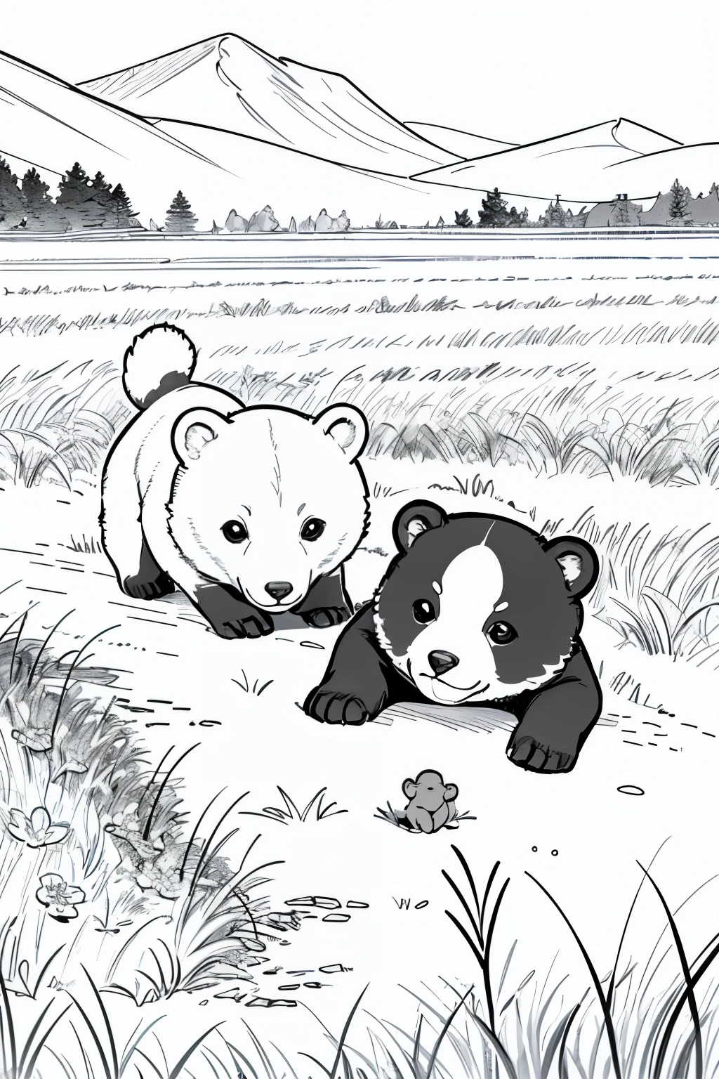 Design style drawing "Bobbie Goods", baby bears playing in a field, drawing style well defined black lines, rostros bien definidos, estilo libro para colorear, sin color de fondo, apto para colorear. Sin personas.