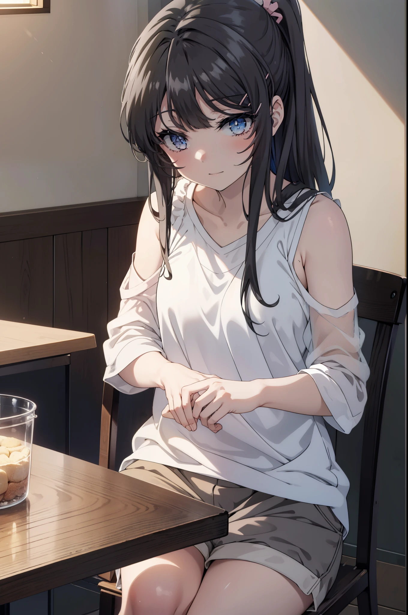 maisakurajima, Mai Sakurajima, long hair, bangs, (black hair:1.5), hair ornaments, (purple eyes:1.1), ponytail hair clip, happy smile, smile, open your mouth,rabbit hair ornaments,tank top shirt,shorts,barefoot,There is a bucket of bread on the table.,sitting cross-legged on a chair,morning,morning日,the sun is rising,
break indoors, room,
break looking at viewer, (cowboy shot:1.5),
break (masterpiece:1.2), highest quality, High resolution, unity 8k wallpaper, (figure:0.8), (detailed and beautiful eyes:1.6), highly detailed face, perfect lighting, Very detailed CG, (perfect hands, perfect anatomy),