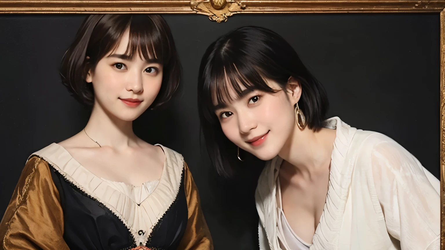 185 short hair, 20 year old female, gentle smile, (rembrandt style painting), (chest:1.46), long skirt