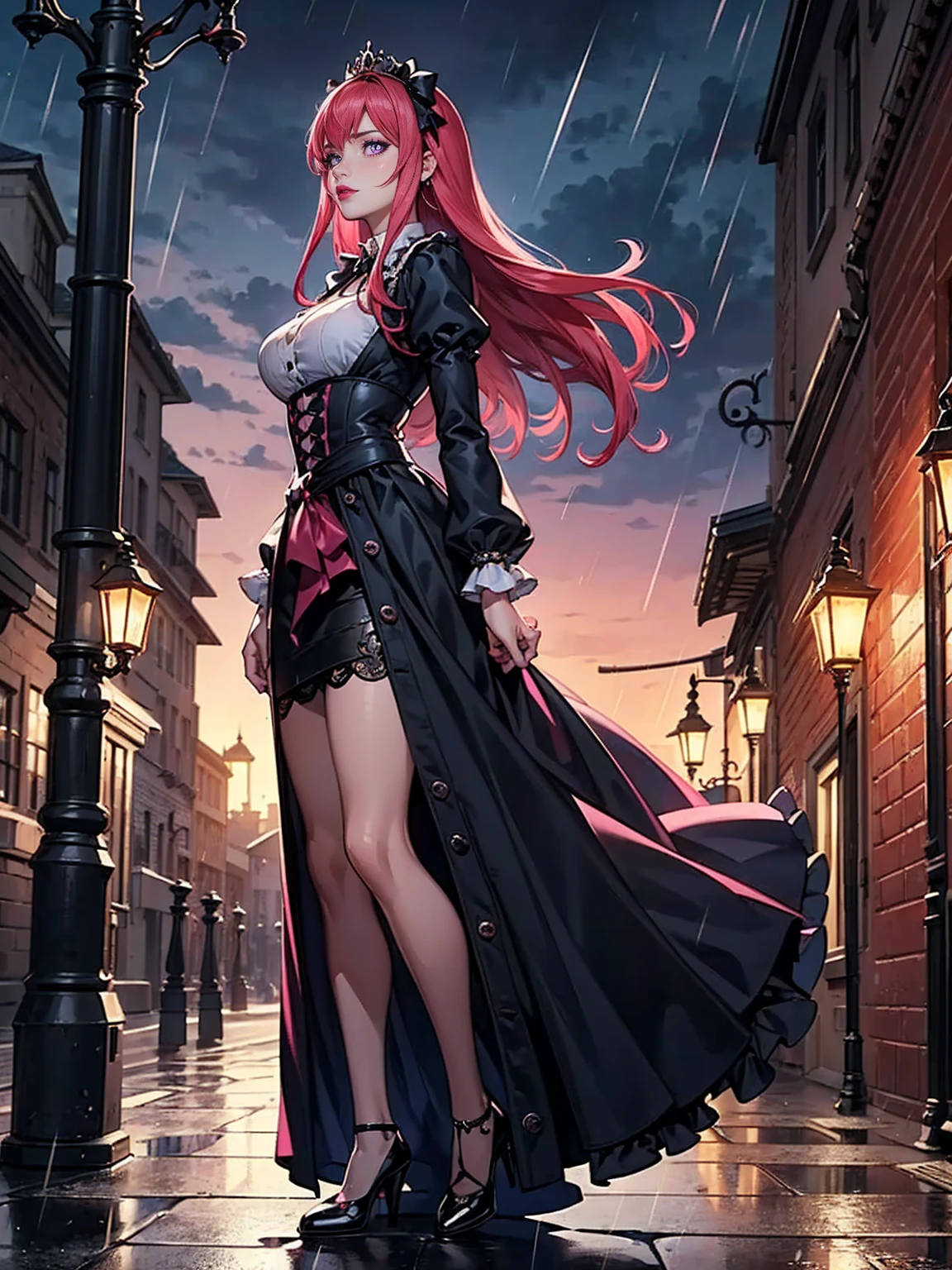 ((solo, 1woman, TakashiroHiroko, dark purple eyes, red hair, pink lipstick, Extremely detailed, ambient soft lighting, 4k, perfect eyes, a perfect face, perfect lighting, a 1girl)), ((solo, (1woman, pink lipstick), Extremely detailed, ambient soft lighting, 4k, perfect eyes, a perfect face, perfect lighting, a 1girl)), Delicately portrayed hands, masterpieces, extremely detailed depiction, extremely delicate picture, 1girl, (princess dress), ((Crinoline skirt)), bow on head, gothic style, waist seal, gothic style, big skirt, cute, beautiful girl, lantern, puff sleeves, puffy skirt, full body, functional wind coat, steampunk, background (gothic architecture, rain, gloomy sky, tower, city vista)