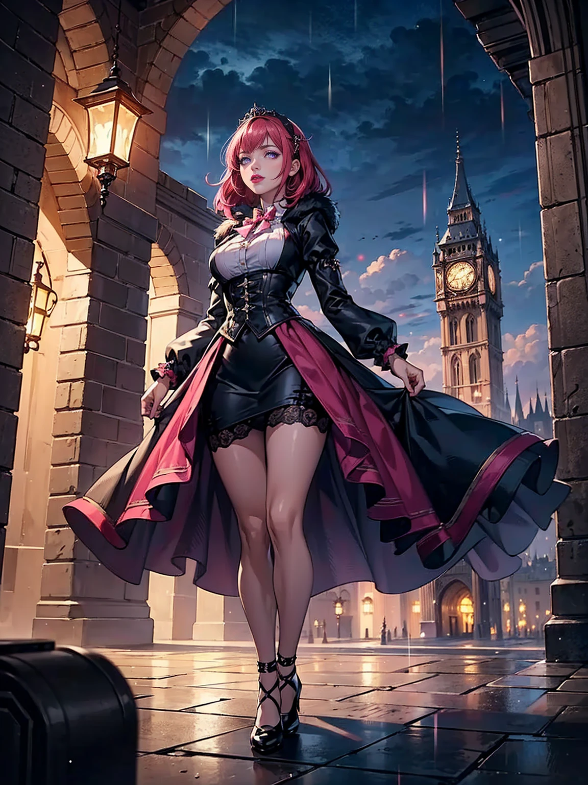 ((solo, 1woman, TakashiroHiroko, dark purple eyes, red hair, pink lipstick, Extremely detailed, ambient soft lighting, 4k, perfect eyes, a perfect face, perfect lighting, a 1girl)), ((solo, (1woman, pink lipstick), Extremely detailed, ambient soft lighting, 4k, perfect eyes, a perfect face, perfect lighting, a 1girl)), Delicately portrayed hands, masterpieces, extremely detailed depiction, extremely delicate picture, 1girl, (princess dress), ((Crinoline skirt)), bow on head, gothic style, waist seal, gothic style, big skirt, cute, beautiful girl, lantern, puff sleeves, puffy skirt, full body, functional wind coat, steampunk, background (gothic architecture, rain, gloomy sky, tower, city vista)