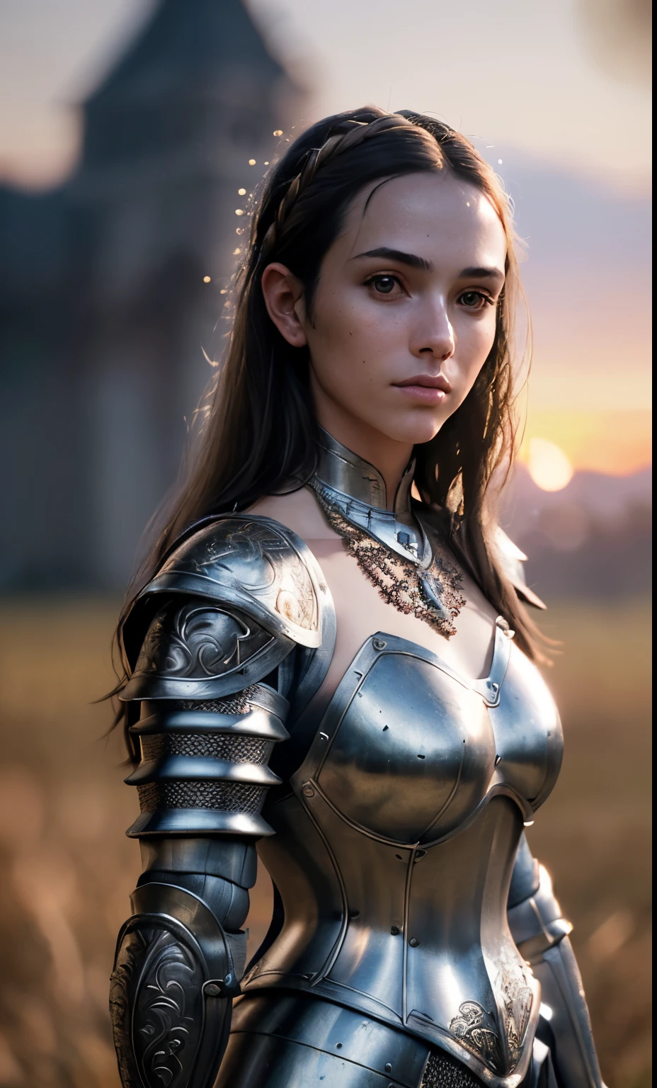 (masterpiece), (extremely intricate:1.3), (realistic), portrait of a girl, the most beautiful in the world, (medieval armor), metal reflections, upper body, outdoors, intense sunlight, far away castle, professional photograph of a stunning woman detailed, sharp focus, dramatic, award winning, cinematic lighting, octane render unreal engine, volumetrics dtx, (film grain, blurry background, blurry foreground, bokeh, depth of field, sunset, motion blur:1.3), chainmail