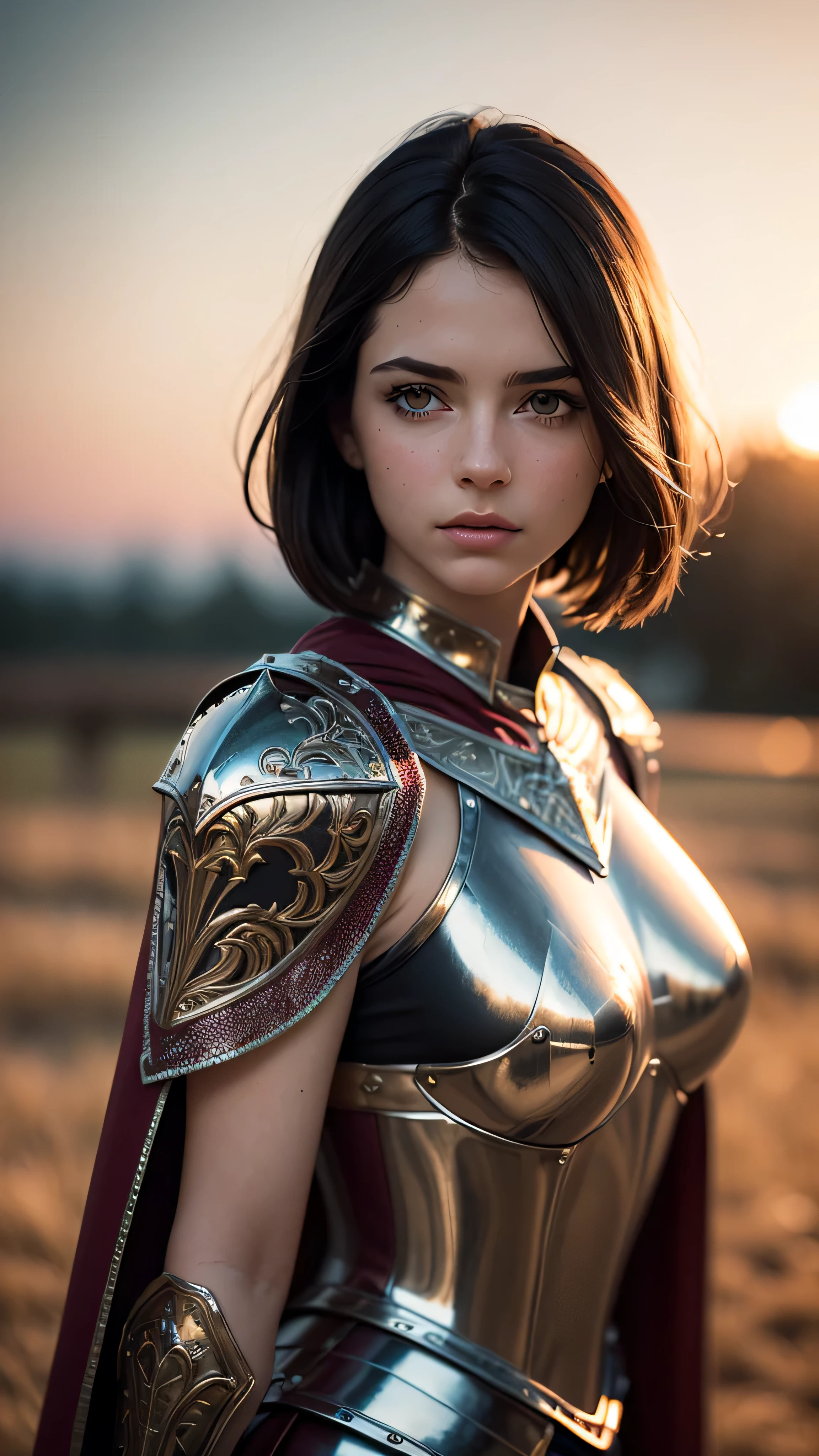 (masterpiece), (extremely intricate:1.3), (realistic), portrait of a girl, (medieval armor), metal reflections, upper body, outdoors, intense sunlight, far away castle, professional photograph of a stunning woman detailed, (short straight dark hair, dynamic pose), sharp focus, dramatic, award winning, cinematic lighting, volumetrics dtx, (film grain, blurry background, blurry foreground, bokeh, depth of field, sunset, interaction, maroon Perfectchainmail, cape)