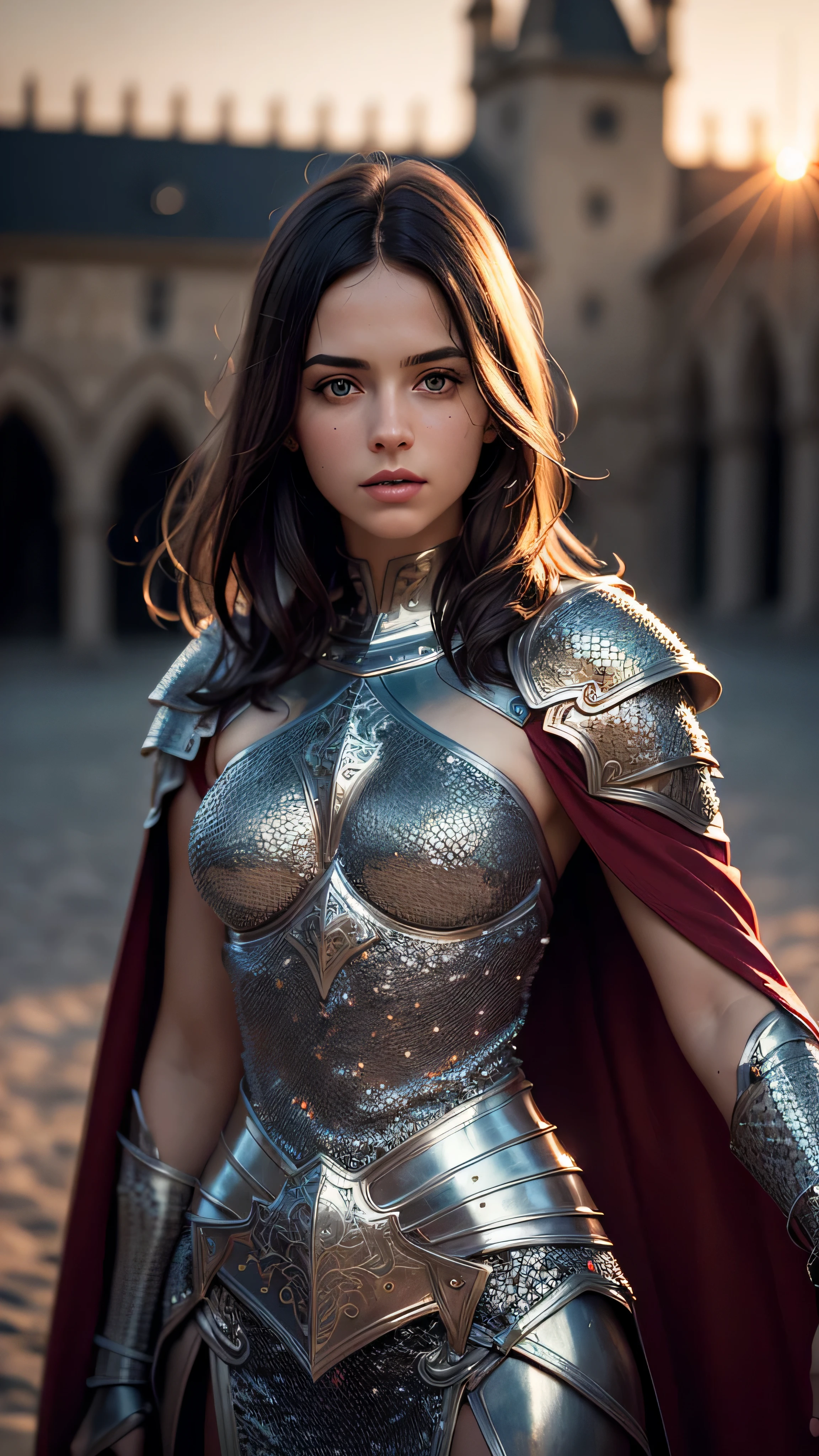 (masterpiece), (extremely intricate:1.3), (realistic), portrait of a girl, (medieval armor), metal reflections, upper body, outdoors, intense sunlight, far away castle, professional photograph of a stunning woman detailed, (short straight dark hair, dynamic pose), sharp focus, dramatic, award winning, cinematic lighting, volumetrics dtx, (film grain, blurry background, blurry foreground, bokeh, depth of field, sunset, interaction, maroon Perfectchainmail, cape)